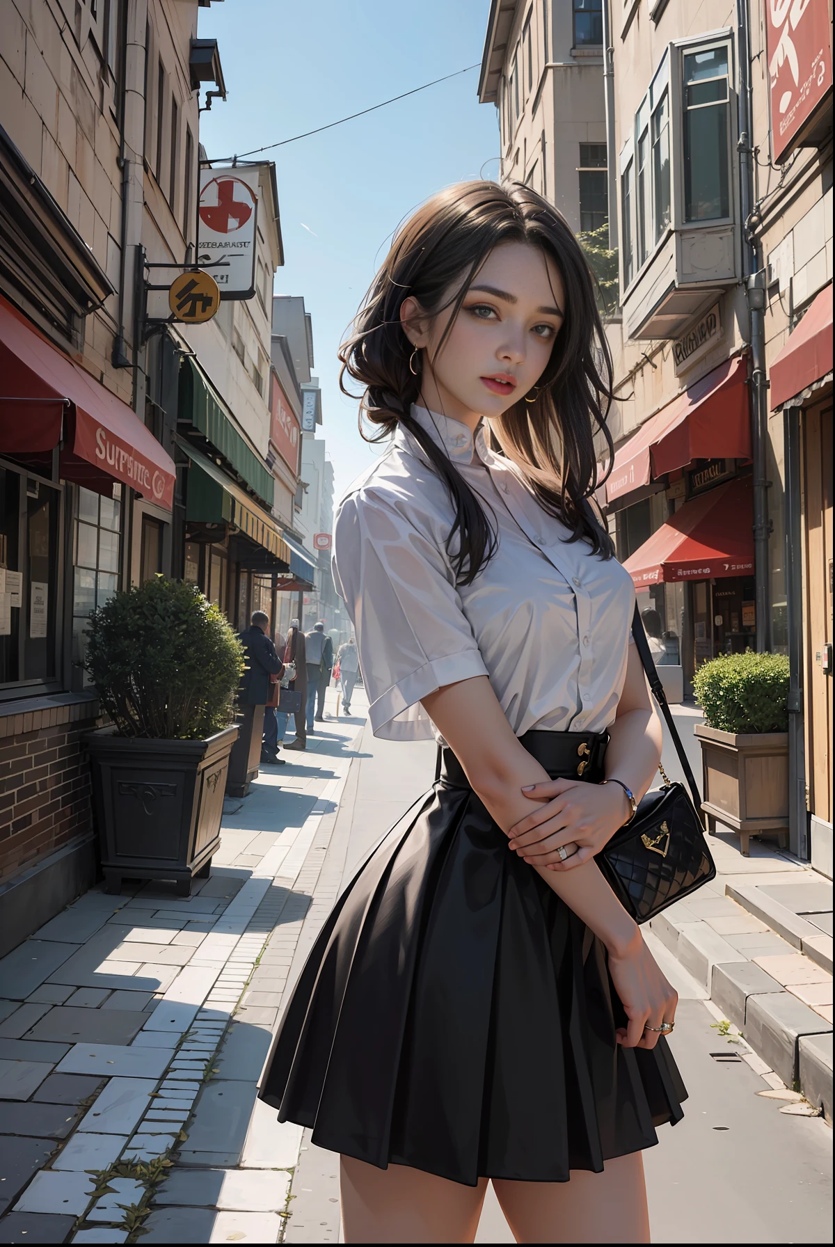(Masterpiece, Top Quality, Best Quality, Official Art, Beauty and Aesthetics: 1.2), (1girl), Extreme Detail, Colorful, Supreme Detail, Official Art, Unified 8k Wallpaper, Ultra Detailed, Beautiful and Aesthetic, Beautiful, Masterpiece, Best Quality, Lovely Woman, Busy Street Background, Street Lights, Fancy Clothes, Extremely Complex Design,
