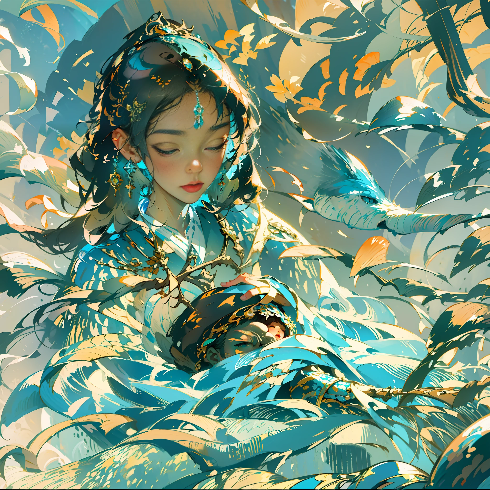 Girl surrounded by fish, close-up of avatar, closed eyes, natural expression, full of divinity, oil painting style, obvious oil brush strokes, impressionist palette style, beautiful, cyan, old time, color cartoon, line smart and simple, detailed face of the character, depth of field lens, 8K, face light