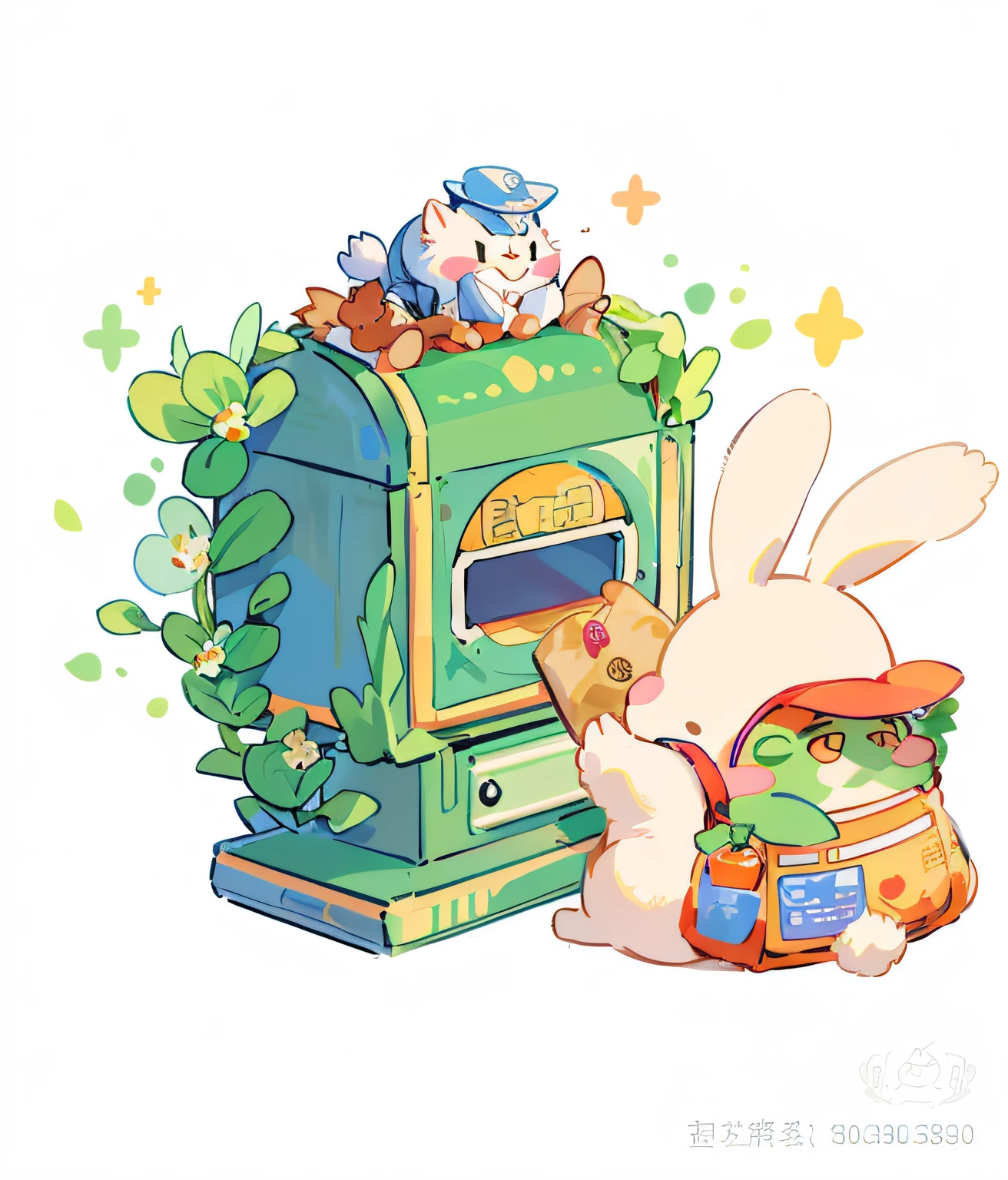 cartoon illustration of a rabbit and a slot machine with a rabbit holding a piece of bread, by Kanbun Master, lagus the thieving bunny, telegram sticker, danbooru and artstation, by Kamagurka, acnh, telegram sticker design, inspired by Kanbun Master, video game fanart, nostalgia guy and small creature, 🐿🍸🍋