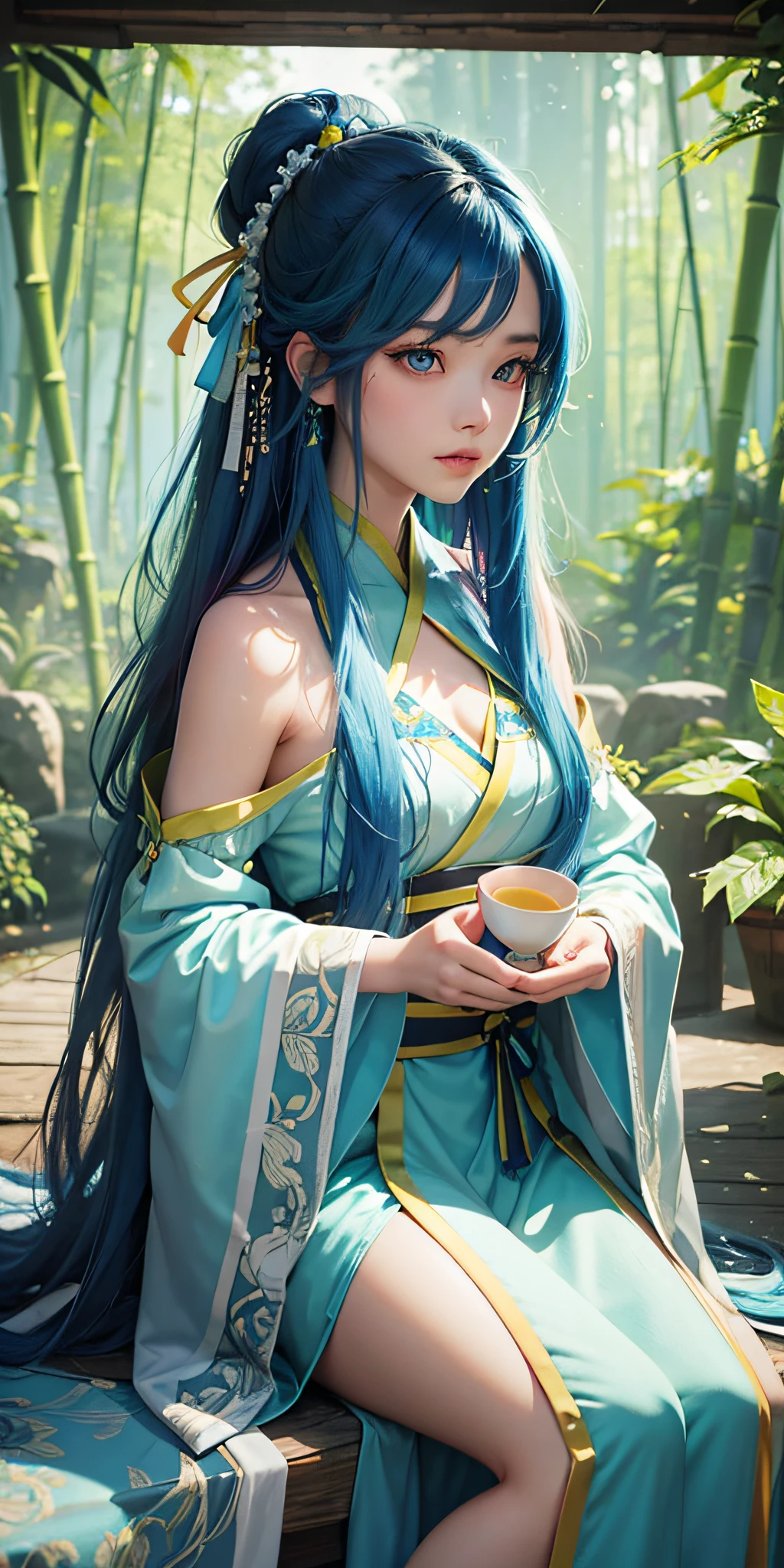 masterpiece, best quality, official art, 8k wallpaper, highly detailed, illustration, 1 girl, Azure hair, long hair, detailed eyes, forrest, bare shoulders, hanfu,lakes, pure, soft smile,bamboo,Tea Neon yellow, neon green, neon blue --auto --s2