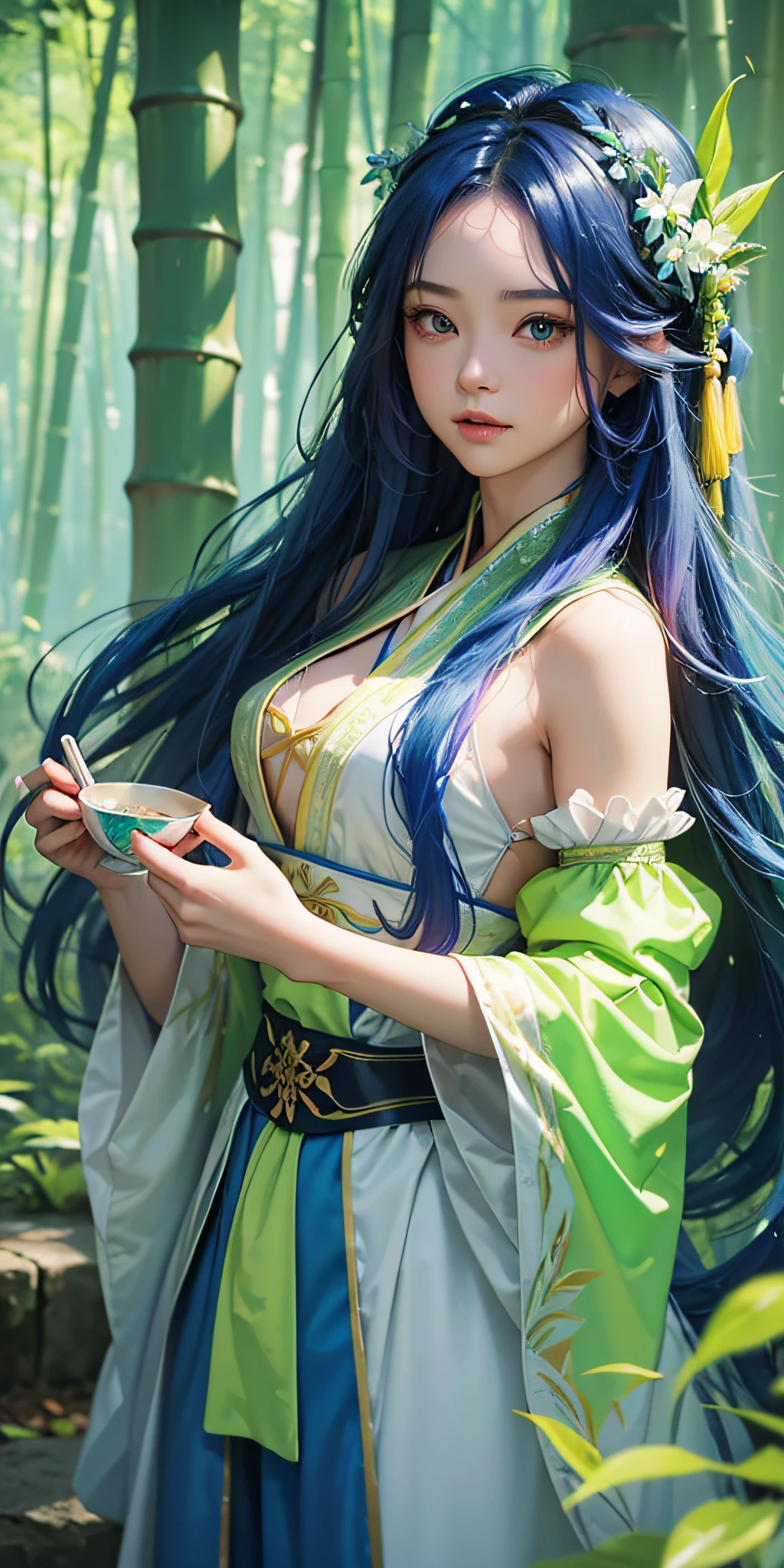 masterpiece, best quality, official art, 8k wallpaper, highly detailed, illustration, 1 girl, Azure hair, long hair, detailed eyes, forrest, bare shoulders, hanfu,lakes, pure, soft smile,bamboo,Tea  Neon yellow, neon green, neon blue --auto --s2