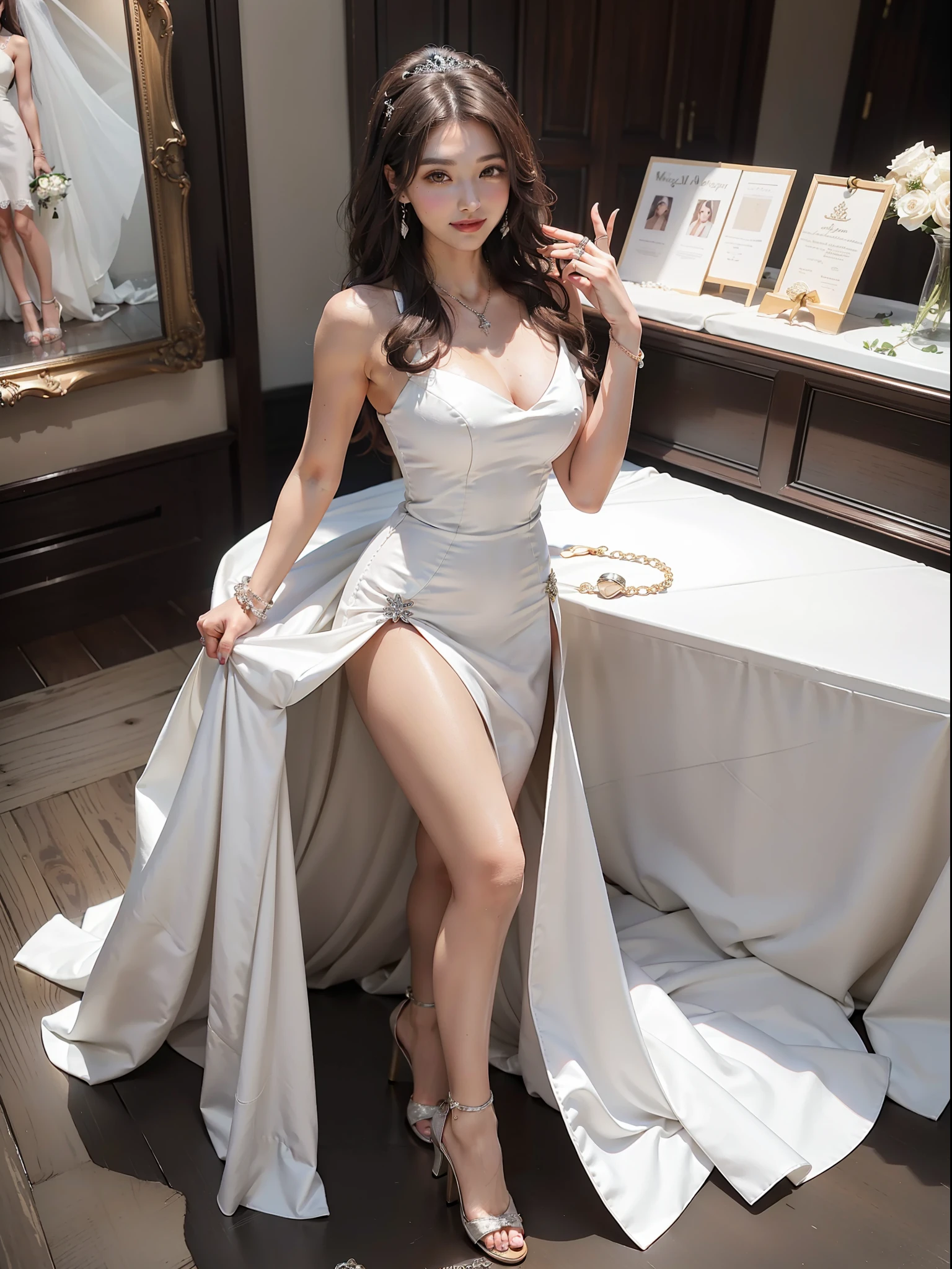 (Female: 1.2), (slim figure), (smile), (5 thumbs), (Big breasts: 1.2), (dark brown hair color), (brown eyes), (mullet head tie), (White sexy wedding dress), (ring finger diamond ring), (Mercury heels), (necklace), (bracelet), bridal shop, masterpiece, realism