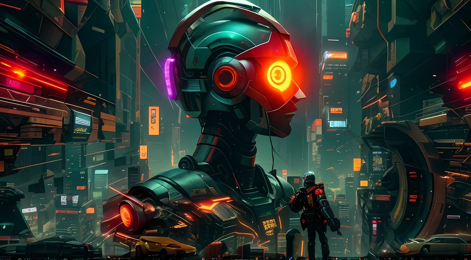 Imagine an intense and vibrant scene of a cyberpunk city in 2050. In the center, we have a close-up of a humanoid robot with a futuristic design, looking directly at the camera. Around it, flying cars buzz through the neon-lit night sky, and sporadic explosions illuminate the scene with flashes of orange and red light. The city in the background is a maze of tall skyscrapers and giant hologram screens. The style is hyper-realistic, with minute detail and high resolution. The lighting is dramatic and contrasting, with vivid and saturated colors. The composition is done with a high-resolution camera, with an 85mm lens, sharp focus on the robot's face and blurred background, creating a depth of field. --Air 16:9 --V 5.1 --Style Raw --Q 2 --s 750