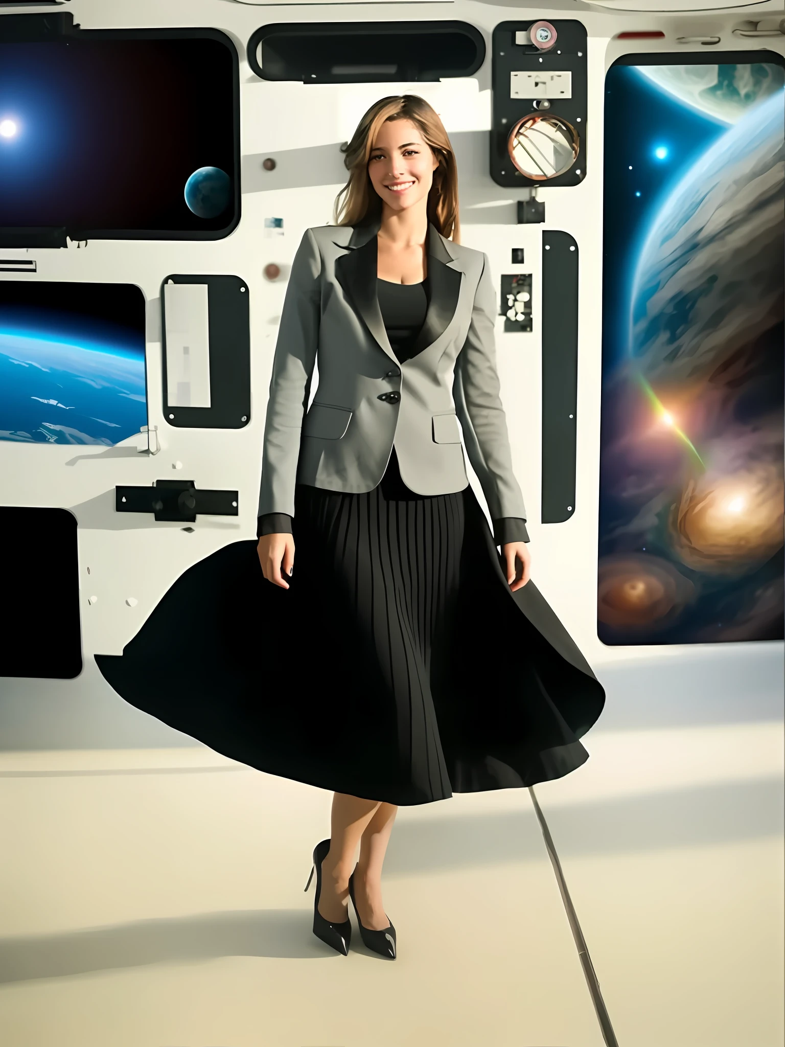 35mm f1.4 Kodak portra 400 photograph, extremely high quality RAW photograph, a woman is playing with her skirt (in a flirting manner:1.3) on space station, (shy) authentic (kind and tender) lesbian woman wearing a short blazer with a very very detailed (long (fully pleated) full circle skirt) and (simple) low heeled office shoes, very very intricate hyper-detailed symmetric (attractive graceful young feminine face) with (sad, tired) eyes and a (flirty smile:1.3), full of empathy and compassion and love, (pronounced feminine features:1,3), big boobs, (highly detailed ultra accurate realistic) hands and fingers, ((windy conditions and wind blowing)), epic composition, highly detailed attributes, highly detailed atmosphere, detailed background, intricate, Exquisite details and textures, highly detailed, deep space station secret operations active background