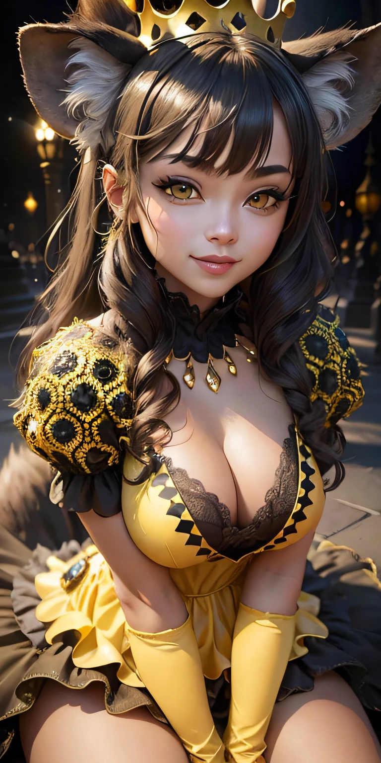 smile hyena wearing a large crown, yellow dress, green eyes, gold and black color scheme, sinCity_iamYork