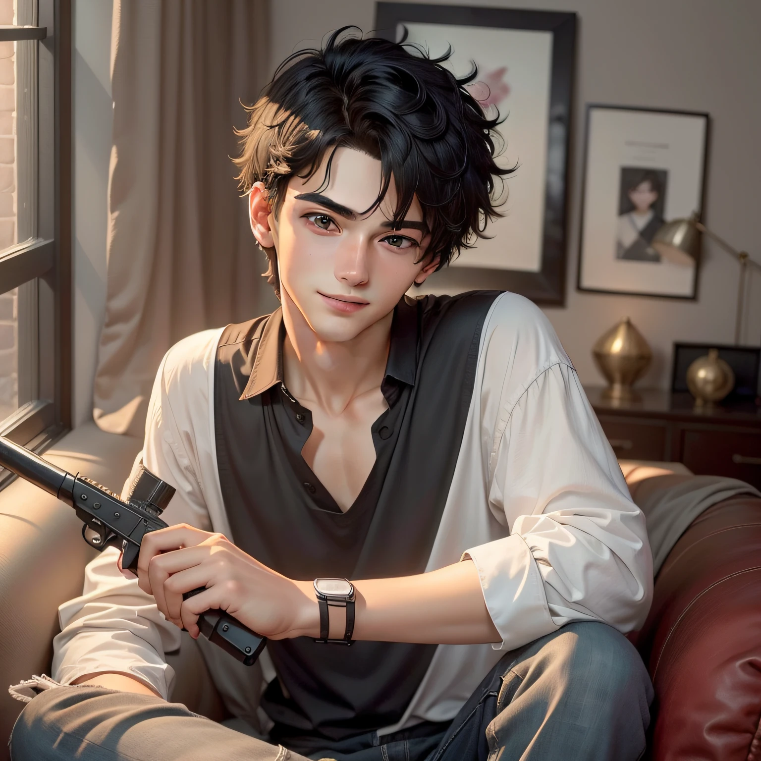 (A young eighteen-year-old man with short black hair in a black coarse cloth blouse sitting on a sofa in his bedroom: 1.5), (with a weapon in hand: 1.8), (Boys, Singles: 1.7), (Close-up of face: 1.9), (Smug smile on your face: 1.8), (Masterpieces, masterpieces: 1.5)