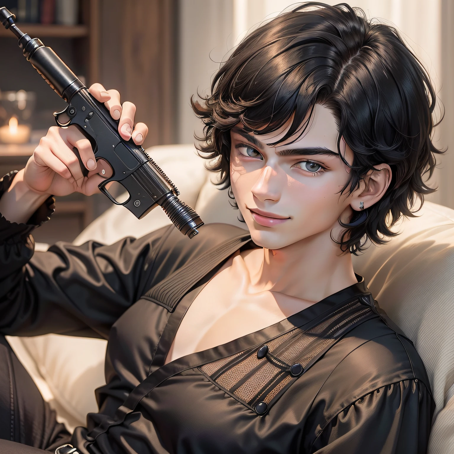 (A young eighteen-year-old man with short black hair in a black coarse cloth blouse sitting on a sofa in his bedroom: 1.5), (with a weapon in hand: 1.8), (Boys, Singles: 1.7), (Close-up of face: 1.9), (Smug smile on your face: 1.8), (Masterpieces, masterpieces: 1.5)