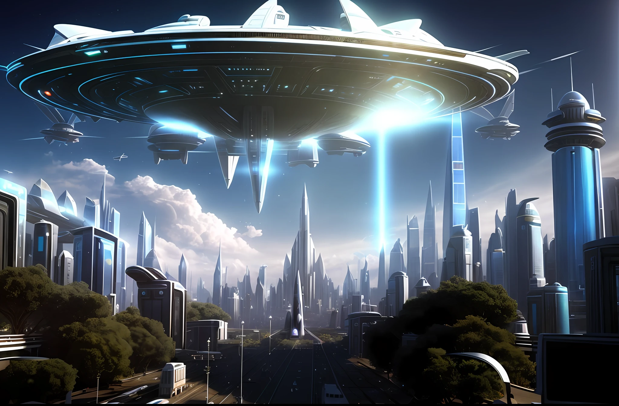 there is a large flying object in the sky over a city, the ufo is over the city, spaceship in background, spaceship far on the background, spaceship flies in the distance, space ship in the background, spaceships flying in background, flying spaceships in background, in fantasy sci - fi city, flying ships in the background, science fiction matte painting