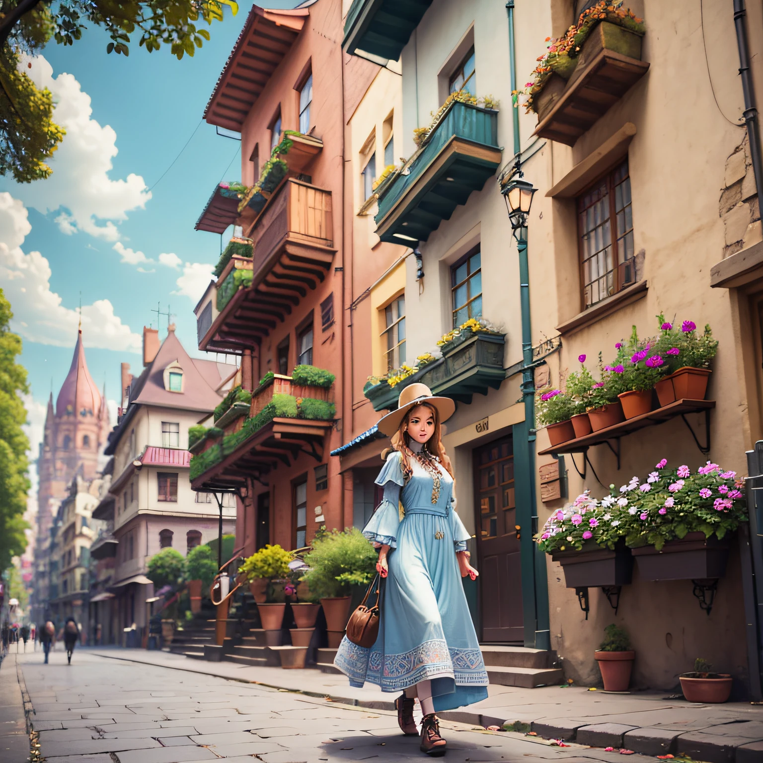 Full body shot a cute woman wearing old style dress is walking towards here in charming hidden fantasy square, bohemian paradise, elevated walkways connecting buildings like tree branches, iron and magic, potted flowers are placed on the balcony of each house. stunning cinematic --ar 3:4 --q 2 --c 10 --v 5.1 --auto --s2