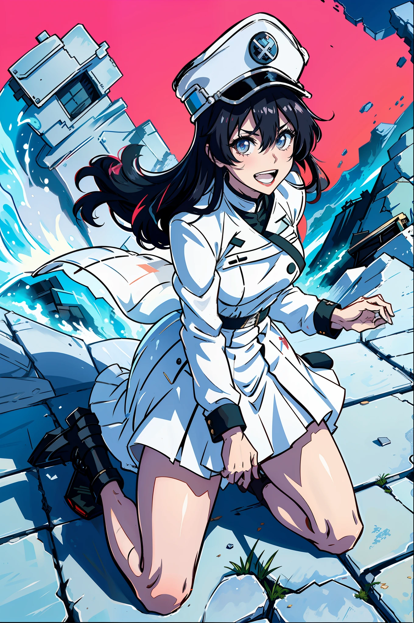 Masterpiece, top quality, ruined city and fire in the background, anime girl in uniform kneeling on the ground, white Nazi SS Militari, 4K manga wallpaper, BLEACH, Exterminator, Shalltear Bloodfallen, badass anime 8K, gapmoe yandere, yandere, albedo from Anime Overlord, creepy grin, crazy laugh, angled laughter at the corners of the mouth, black hair long hair, White miniskirt, white long-sleeved military uniform