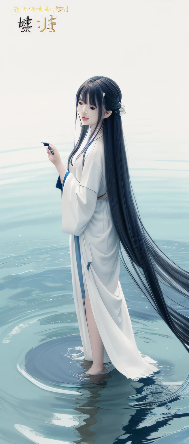 ((4k,masterpiece,best quality)), shuimobysim, traditional chinese ink painting, lotus, hanfu, maxiskit, dress conservatively 1girl, solo, long blue hair, smile, standing, feet in the water, barefoot,