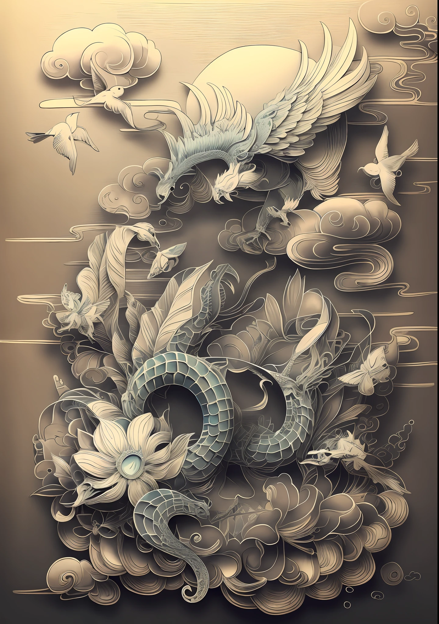 a drawing of a dragon and a fish in the clouds, intricate details illustration, detailed intricate illustration, detailed line art, intricate detailed illustration, stylized linework, highly detailed linework, hyper detailed line art, extremely detailed linework, detailed linework, insanely detailed linework, detailed digital drawing, intricate detail drawing, clean ink detailed line drawing, detailed 2d illustration