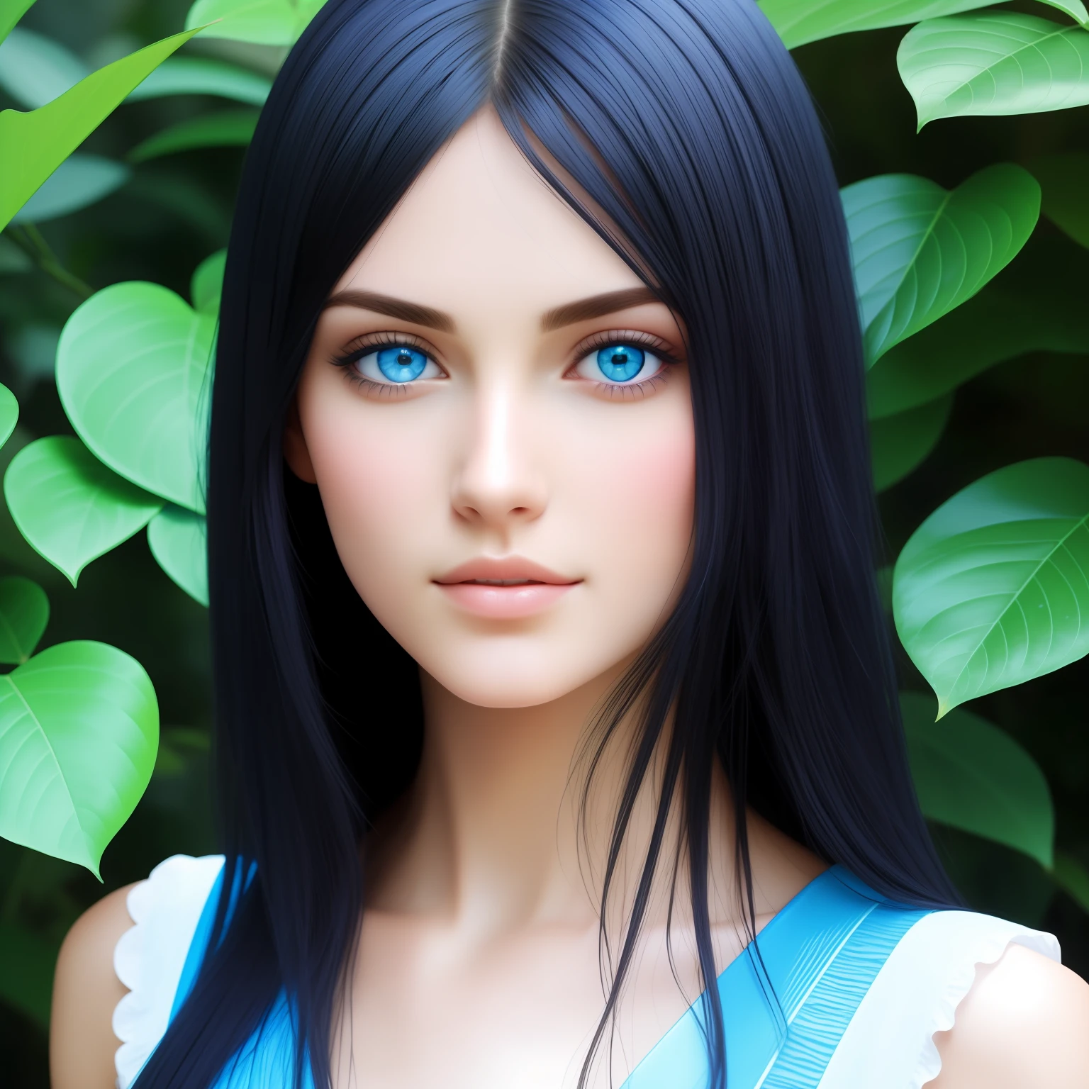 Beautiful model soft skin blue eyes black hair ultra realistic with face slightly tilted down looking straight in the middle of gorgeous blue foliage well detailed