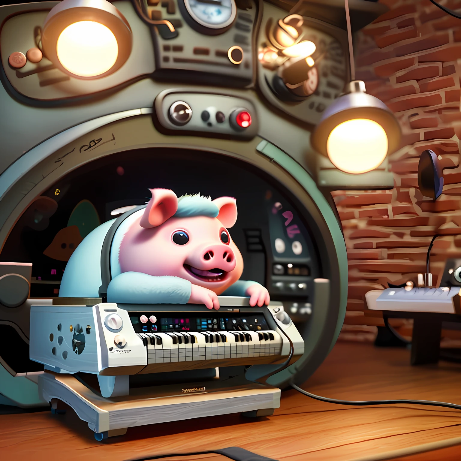 Cute little pig playing on synth, unreal engine, cozy interior lighting, arts station, detailed digital painting, cinematic, character design by mark ryden and pixar and hayao miyazaki, unreal 5, daz, hyperrealistic, octane rendering