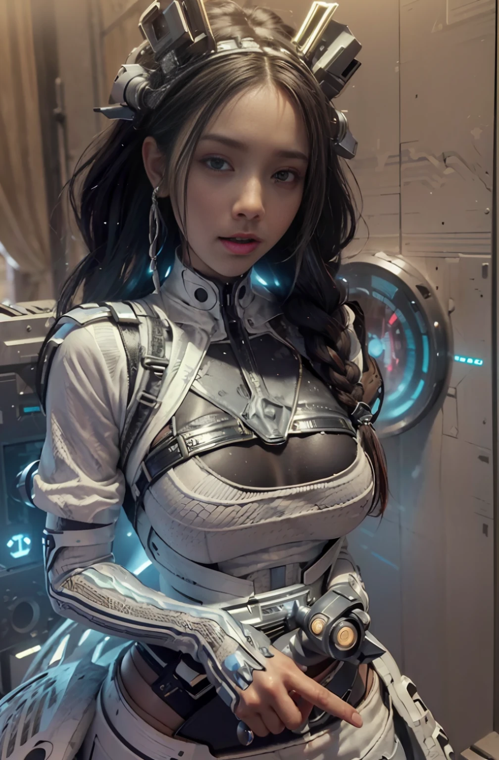 ((Best quality)), ((masterpiece)), (detailed:1.4), 3D, an image of a beautiful cyberpunk black female with braids on head,HDR (High Dynamic Range),Ray Tracing,NVIDIA RTX,Super-Resolution,Unreal 5,Subsurface scattering,PBR Texturing,Post-processing,Anisotropic Filtering,Depth-of-field,Maximum clarity and sharpness,Multi-layered textures,Albedo and Specular maps,Surface shading,Accurate simulation of light-material interaction,Perfect proportions,Octane Render,Two-tone lighting,Wide aperture,Low ISO,White balance,Rule of thirds,8K RAW, anime - style woman in a white and black outfit with a gun, cyborg merchant girl,
