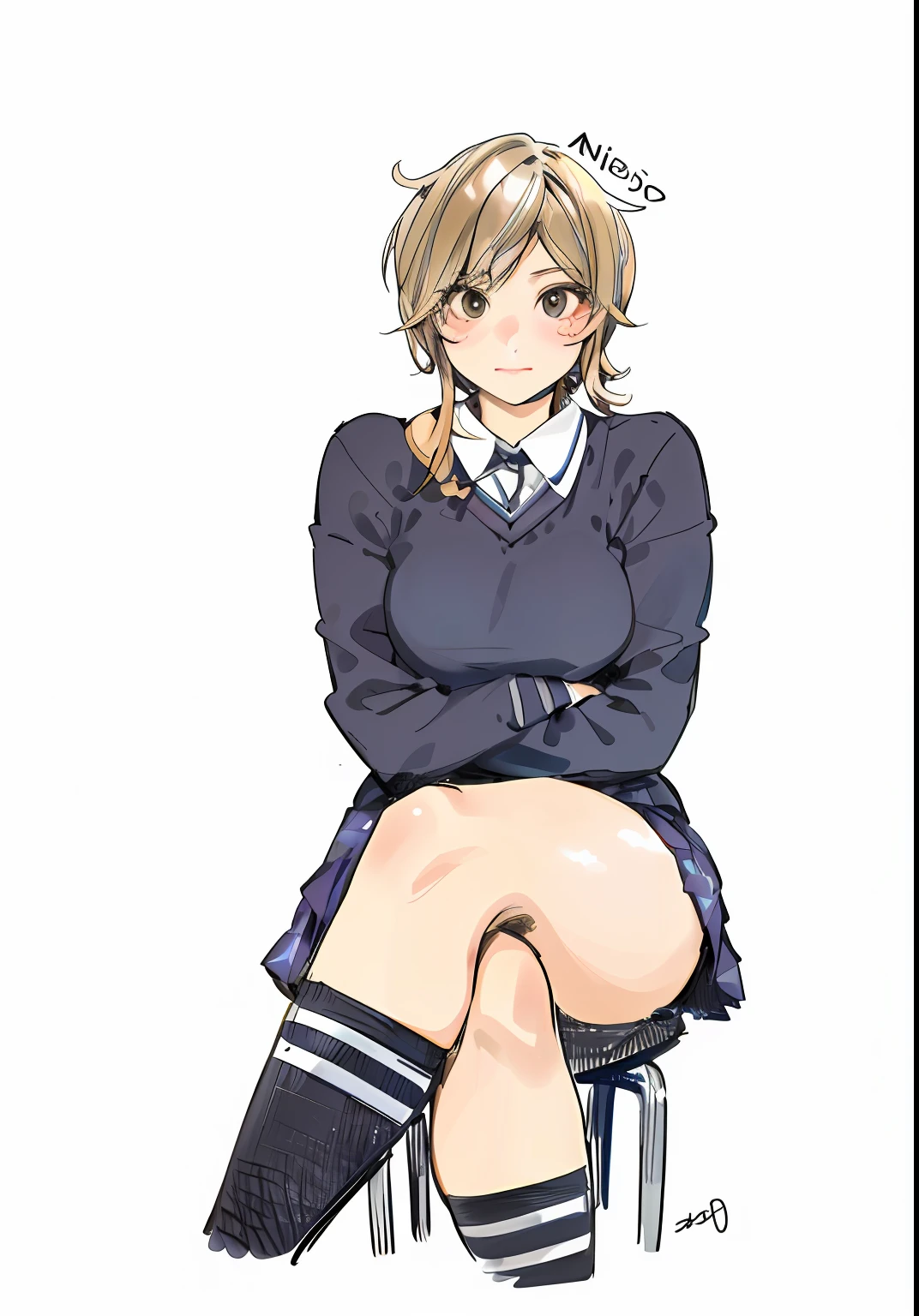 Beautiful girl, beautiful high school girl sitting on a chair with legs crossed, vivid expression, high quality, realistic expression, sexy expression, ((Misa Amane #)), school girl, short hair, crouching pose, cute.