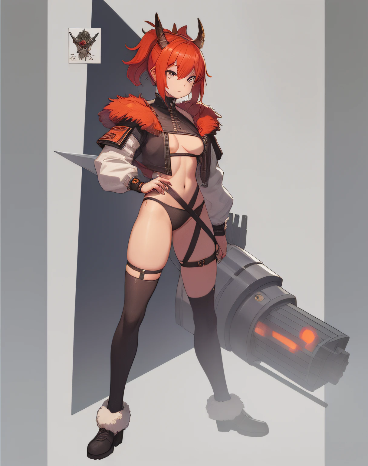 Fire horns, cyberpunk, armor in the style of Horizon Zero Dawn, Red-haired girl, fiery, green eyes, pigtails, a wreath of fire horns on her head, barbarian, a huge techno cannon in her hands, a huntress, bones on the body, insect plates, chitin, fur, small bones, light bones and red fur on the shoulders, dark leather stockings made of strips of cut skin on the legs, ropes and light bones on the body, thin panties, a small bra made of bones, bright red hair, jewelry made of horns, a fur gun. Instead of underpants, rope, bones and chitin, fur shoulder pads and with chitin, a tail of hair on the back of the head, a short haircut, a bionic cannon in the form of the mouth of a wolf, shark, dragon look up. The girl has green eyes, a playful look, a good-natured smile, a neat nose, tight panties, tight thongs, mini-underwear, leaky underwear, torn fabrics, a lot of torn fabrics, a lot of holes in fabrics, a cannon with a monster's head, a cannon barrel in the form of a monster, a flame bursts out of her mouth, a portal in a cannon. The girl has short hair, a ponytail at the back is short and looks up, fur shoulder pads, a jacket on the shoulders, a torn bra, the pubis is open, diagonal straps all over the body, powerful energy escapes from the open toothy mouth of a cannon, a bird's skull on a girl's belly, tattoos, vertebrae on the edges of stockings, cyberpunk, ethnic style of clothing, vintage clothes, worn, prehistoric style, prehistoric jacket, elbow pads made of insects, chitinous cannon, bionic cannon, torn jacket sleeves, chitinous plates on the jacket, flame flashes, cyberpunk, the whole cyberpunk style, a lot of technology, technologies of the future, futurism, science fiction, fantasy, wildness, sexuality, emphasized eroticism, cold lighting, flames from everywhere, a lot of fire, bones on the shoulders, small details on the shoulders, a skull on the belt, the girl has curly hair, tattoos on her face, maximum nudity, diagonals, caveman, prehistoric image, dev