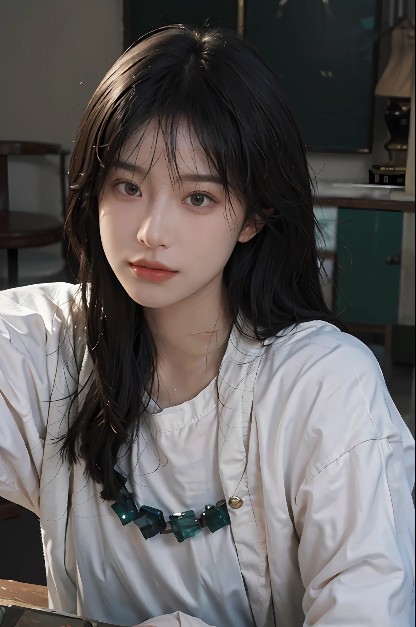 8K, Top Quality, Masterpiece, Ultra High Definition, (Realism: 1.4), Original Photo, (Realistic Skin Texture: 1.3), (Film Grain: 1.3), (Selfie Angle), One Girl, Beautiful Emerald Gemstone Eyes and Exquisite Facial Details, Masterpiece, Best Quality, Close Up, Upper Body, View Viewer, Plain Clothes, Straight Looking,