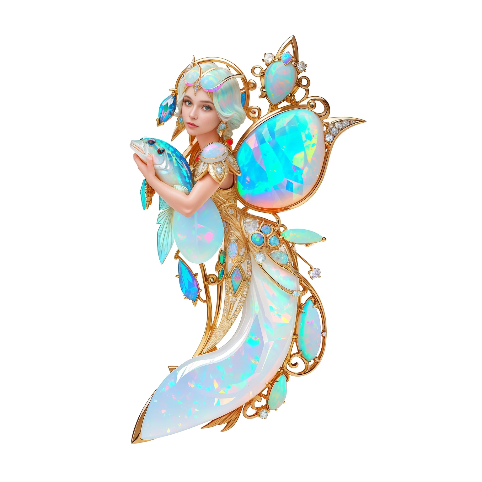 a close up of a brooch with a fish and a large oplite,  concept art by Lena Alexander, trending on cg society, art nouveau, opal statues adorned in jewels, opalescent, opal, made of boulder opal, intricate iridescent opal armor, jewelry iridescent, opal diamond, Boucheron