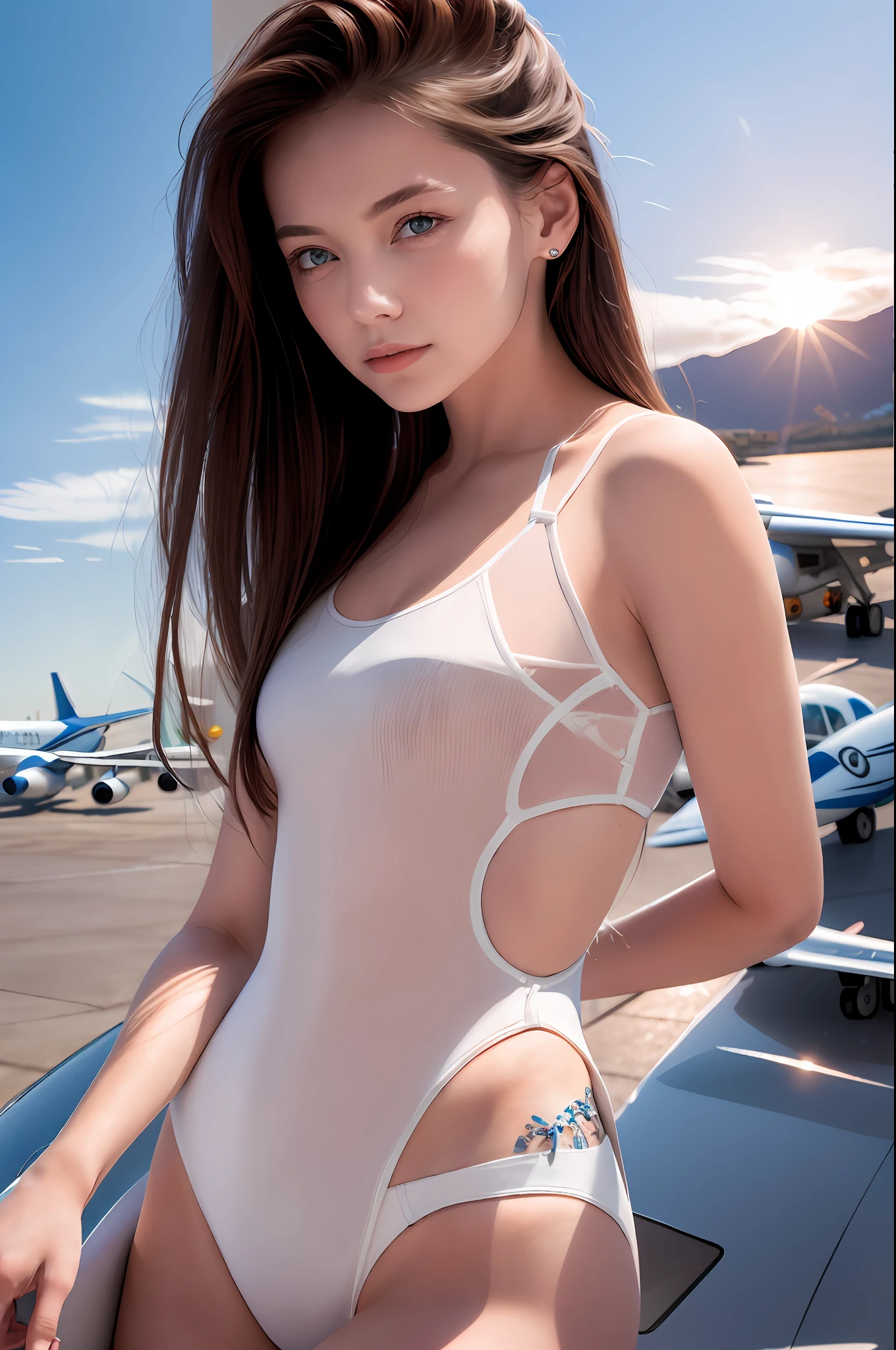 ((masterpiece, top quality, super definition, high definition)), solo, beautiful girl, shining eyes, perfect eyes, 18 years old, after school, evening, sunset, expressive eyes, pointed mouth, ponytail, airliner in the sky, airfield