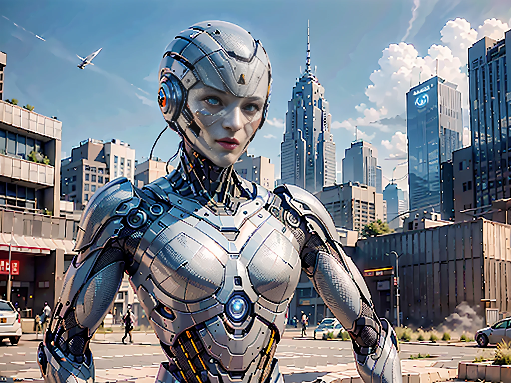 (1girl: 1.3), solo, __body-parts__, official art, unity 8k wallpaper, ultra detailed, beautiful and aesthetic, beautiful, masterpiece, best quality, RAW, masterpiece, super thin photo, best quality, super high resolution, photorealistic, sunlight, full body portrait, incredibly beautiful,, dynamic pose, delicate face, vibrant eyes, (side view), she is wearing a futuristic Iron Man mech, red and gold, Highly detailed abandoned warehouse background, detailed face, complex background detailed busy, messy, gorgeous, milky, highly detailed skin, realistic skin details, visible pores, sharp focus, volumetric fog, 8k uhd, DSLR camera, high quality, film grain, light skin, photorealism, lomography, expanding metropolis in a futuristic dystopia, view from below, translucent Imagine an intense and vibrant scene of a cyberpunk city in 2050. In the center, we have a close-up of a humanoid robot with a futuristic design, looking directly at the camera. Around it, flying cars buzz through the neon-lit night sky, and sporadic explosions illuminate the scene with flashes of orange and red light. The city in the background is a maze of tall skyscrapers and giant hologram screens. The style is hyper-realistic, with minute detail and high resolution. The lighting is dramatic and contrasting, with vivid and saturated colors. The composition is done with a high-resolution camera, with an 85mm lens, sharp focus on the robot's face and blurred background, creating a depth of field. --Air 16:9 --V 5.1 --Style Raw --Q 2 --s 750