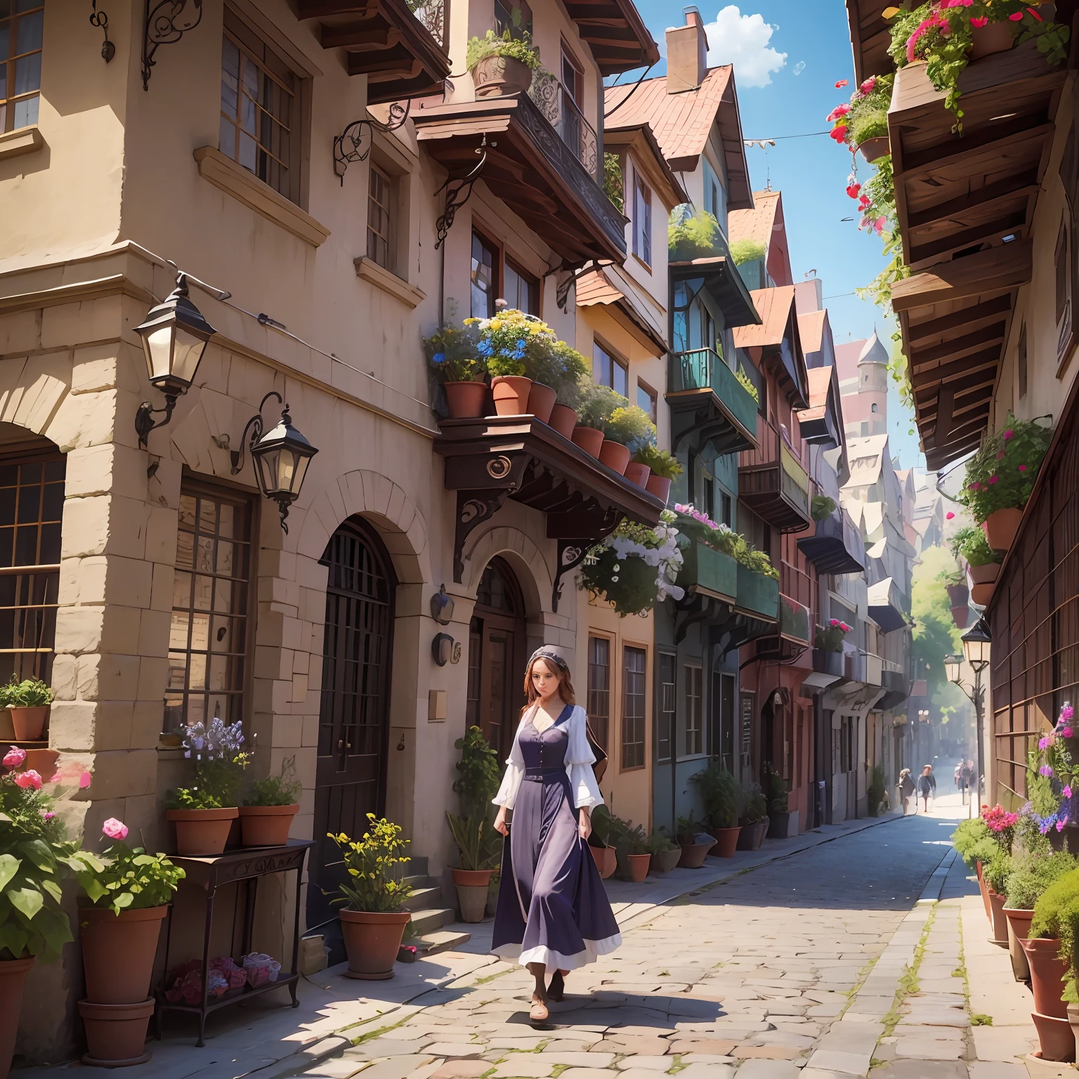 Full body shot a cute woman wearing old style dress is walking towards here in charming hidden fantasy square, bohemian paradise, elevated walkways connecting buildings like tree branches, iron and magic, potted flowers are placed on the balcony of each house. stunning cinematic --ar 3:4 --q 2 --c 10 --v 5.1 --auto --s2