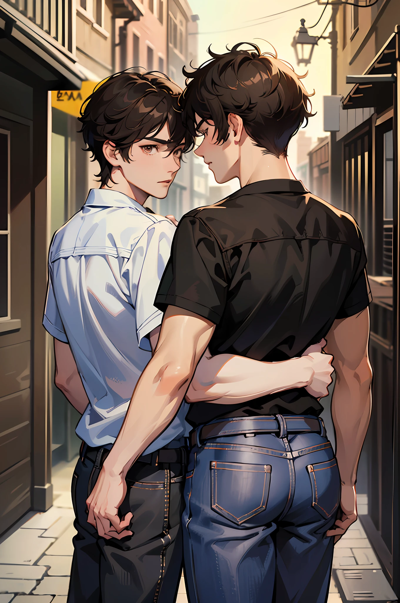 (absurdres, highres, ultra detailed), masterpiece, best quality, two man put his arm around his shoulder, handsome, black hair, brown hair, casual clothes, background is back alley, best light and shadow, from behind, look back