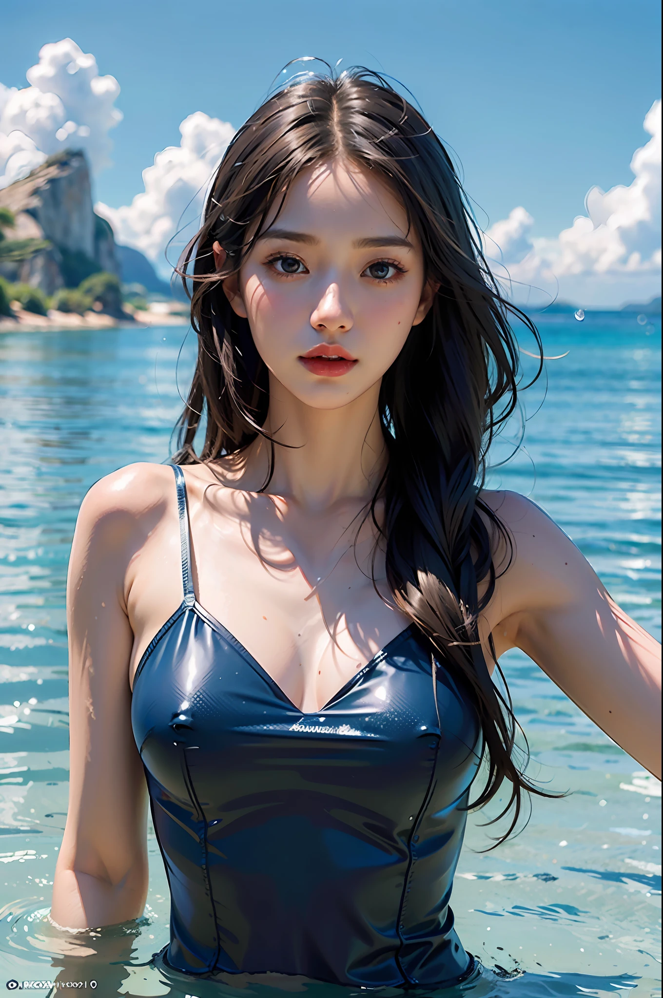 (MASTERPIECE:1.2),(CGI ART:1.3),(REALISTIC:1.5),(POST PROCESSING:1.3),(SHARP FOCUS:1.3),8K,1 girl, ((UPPER BODY)), (Swimsuit) ), (Glossy Skin)))),Beach, (High Shadow Detail) , (Illustration: 1.2), ( ulzzang-6500:1.0), blue glowing, floating on water