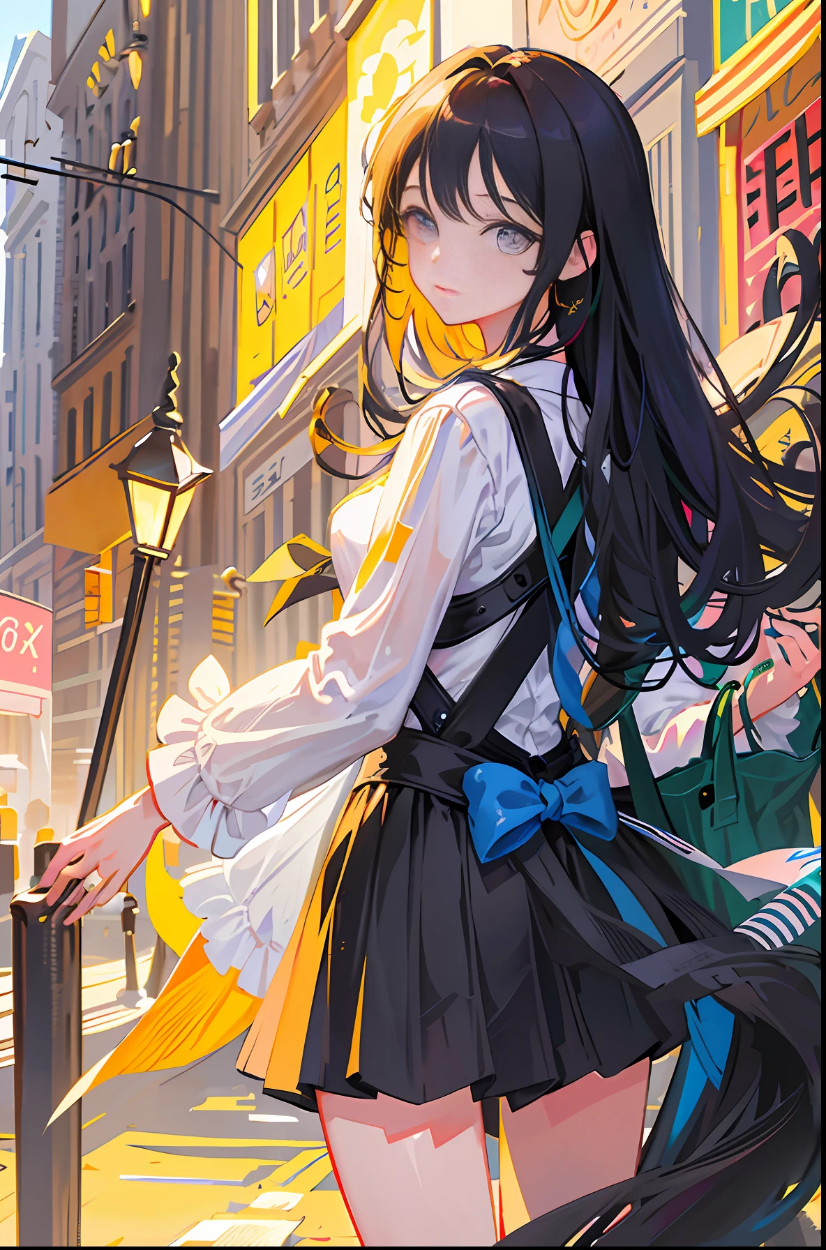 masterpiece, best quality, Hyper detailed, Exquisite detail, 1girl,halfbody shot, solo,princess eyes, front view, long hair, masterpiece, beautiful detailed hands, illustration, (black hair,bustling street background,street lamps),