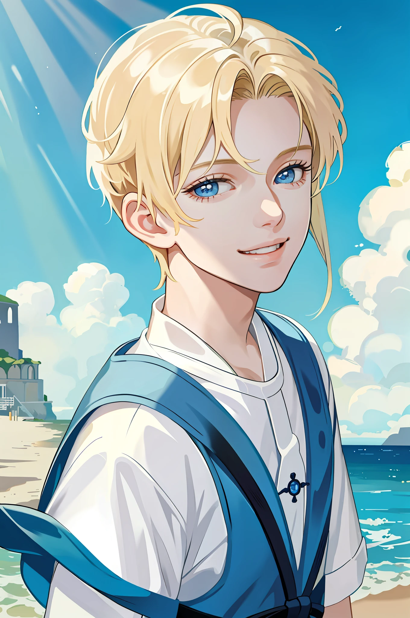 Masterpiece, Excellent, 1 boy, ager, young, cute, short blonde hair, immature, minor, blue eyes, at the seaside, fine eye and face portrayal, rosy lips, long eyelashes, portrait, upper body, cute smile, 8k, front light, face glow, face without shadow, welcome light