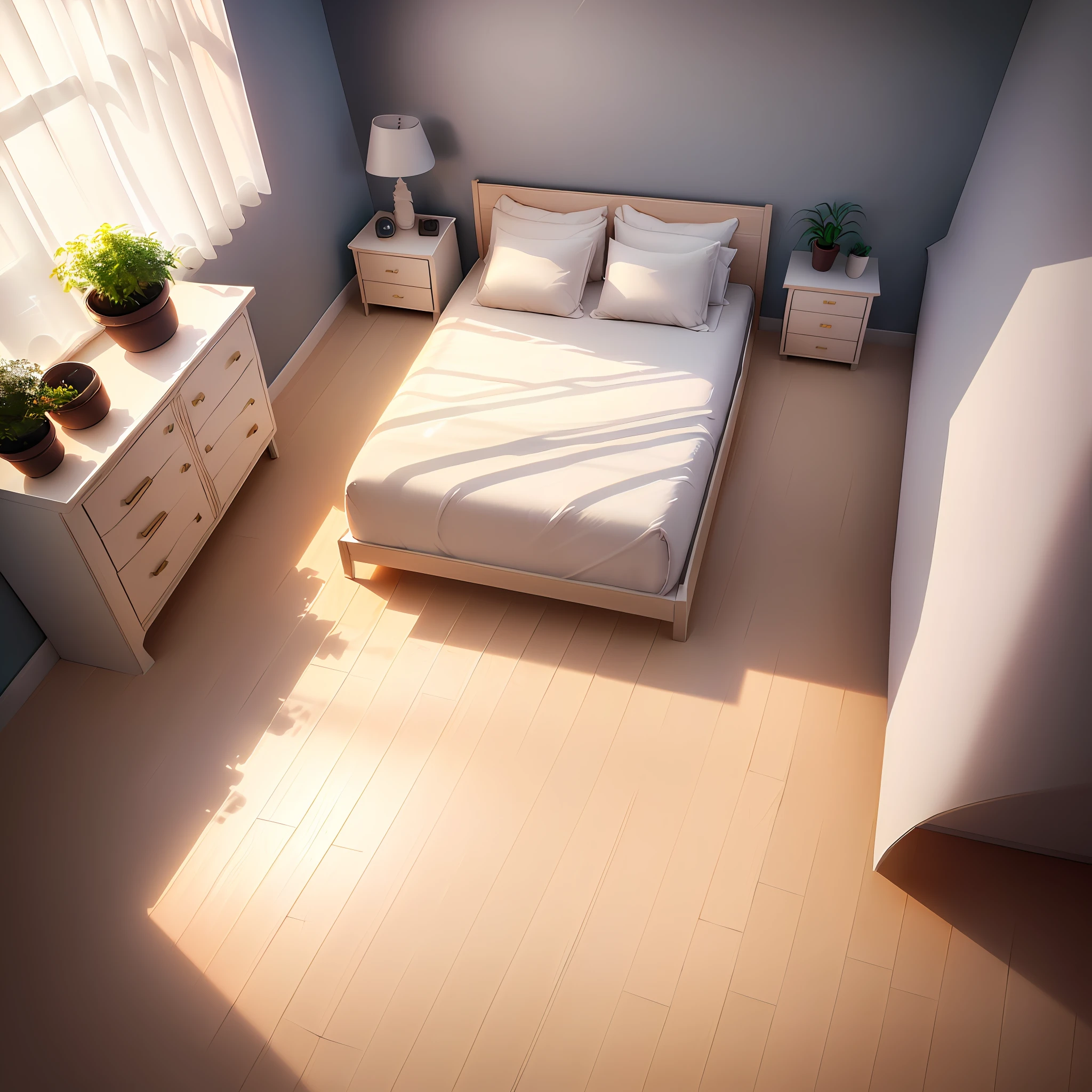 Isometric room, pure white background, best quality, ((low poly)), (very detailed CG unity 8k wallpaper), (best quality), (best illustration), (best shadows), ((bedroom )), Cream, Pastel, Light Curtains, Rugs, Wardrobe, Cotton Sheets, Wooden Furniture, Soft Lights, Plants, Paintings, Vases, Octane Rendering, Ray Tracing, Super Detailed