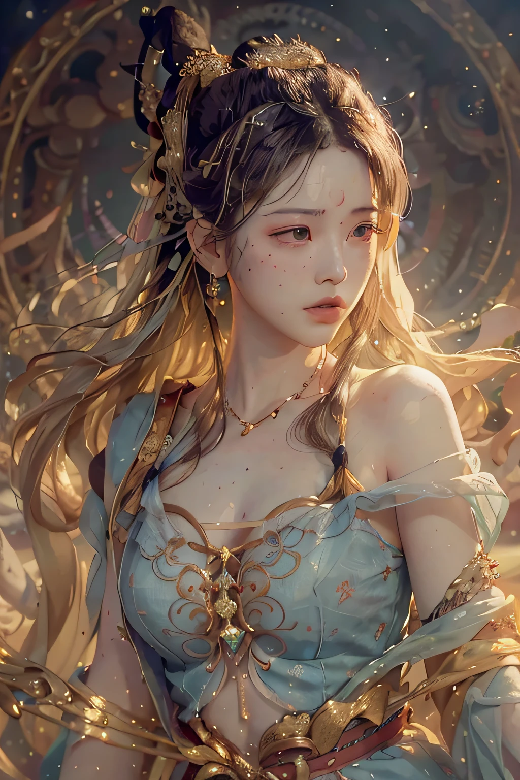 (RAW photo, best quality), (realistic, photo-realistic:1.3),best quality,highly detailed,masterpiece,ultra-detailed,illustration,1girl,upper_body,dynamic angle,world masterpiece theater,messy_long_hair,best quality,extremely detailed CG unity 8k wallpaper,ink,Amazing,cinematic lighting,lens_flare,,dunhuang_style