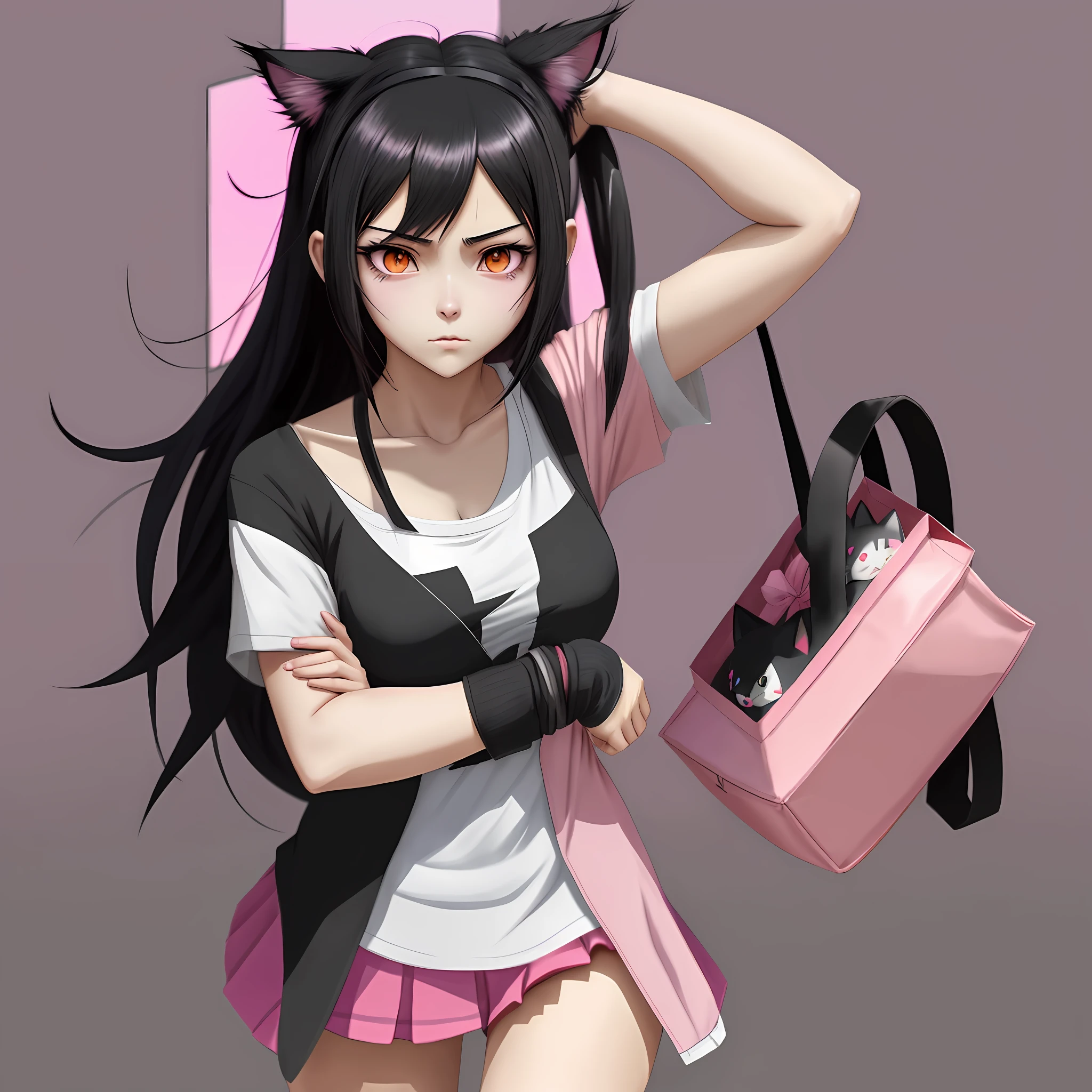 Anime girl with black hair and pink ears naked and holding a black bag, Gapmoe Yandere, Nekomimi, Anime Moe Art Style, Shitao, Shingei, Akane Hari Danganronpa, pixiv 3DCG, Hitoshi Homura, Kamaguruka, Cute Anime Cat Girl, Zero-chan, Anime Cat Girl.