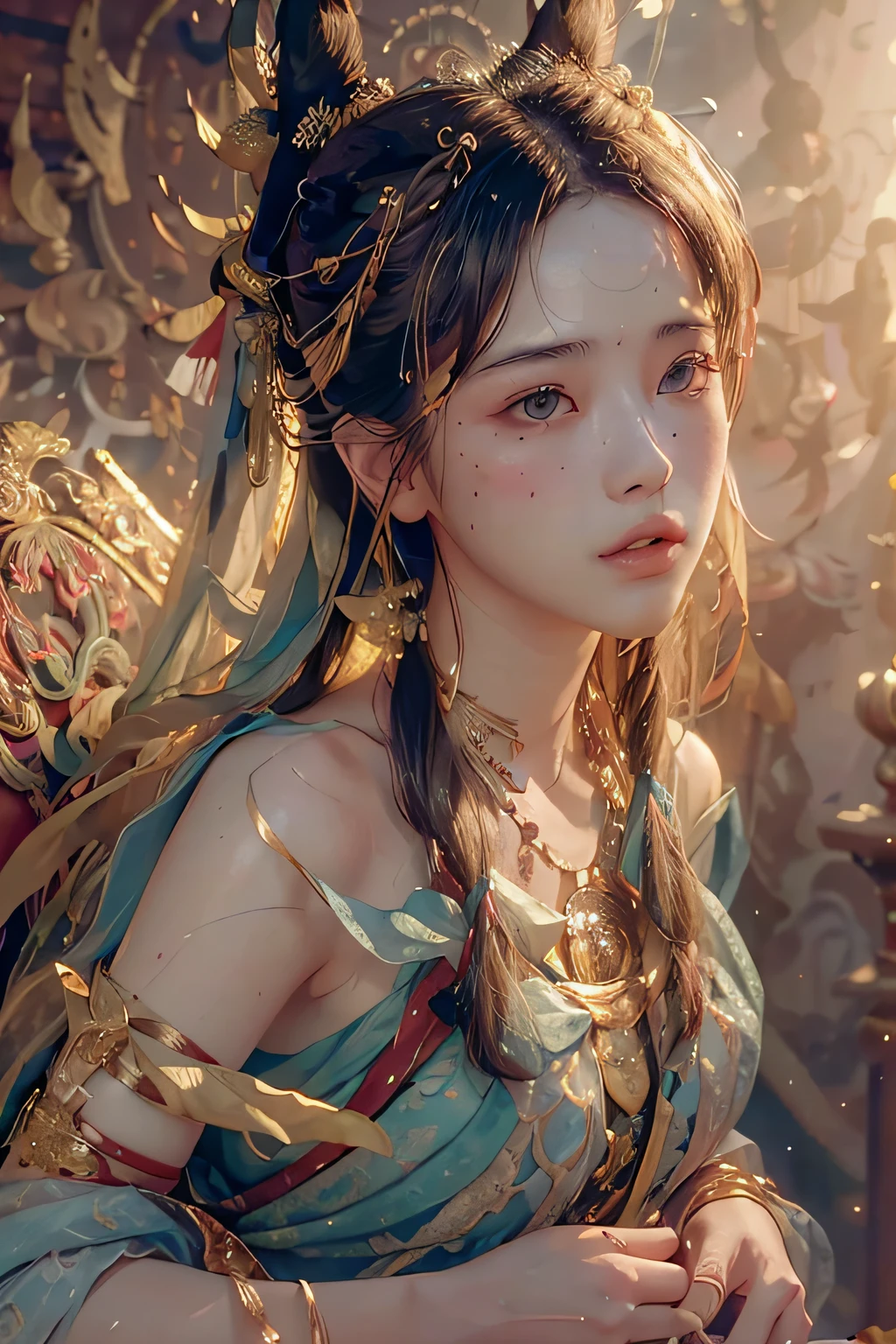 (RAW photo, best quality), (realistic, photo-realistic:1.3),best quality,highly detailed,masterpiece,ultra-detailed,illustration,1girl,upper_body,dynamic angle,world masterpiece theater,messy_long_hair,best quality,extremely detailed CG unity 8k wallpaper,ink,Amazing,cinematic lighting,lens_flare,,dunhuang_style