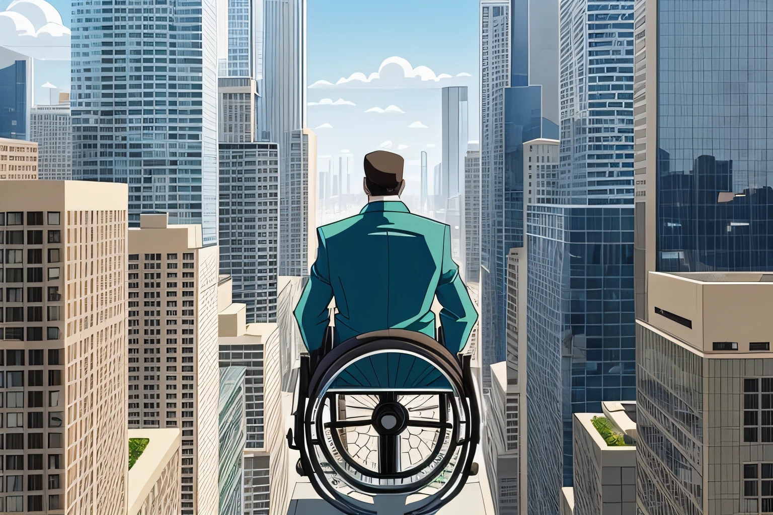The wheelchair man's back, looking at the tall buildings and the sky, is lined with tall buildings, and has a two-dimensional animation style. --auto --s2