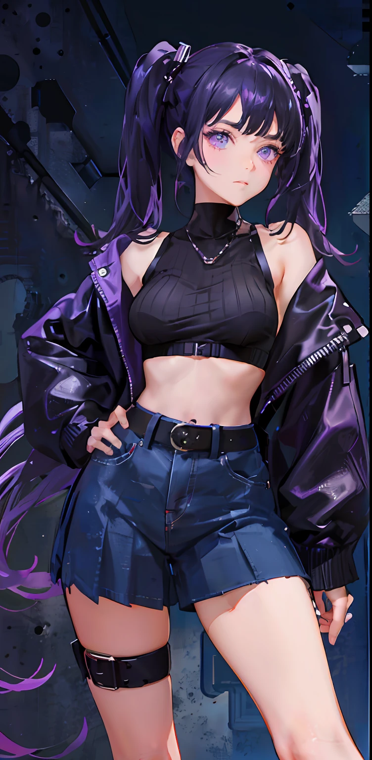 Black hair, pigtails, purple eyes, dynamic pose, black leather jumper, micro bra, side tie panty (dark: 1.2) high definition, masterpiece, best work