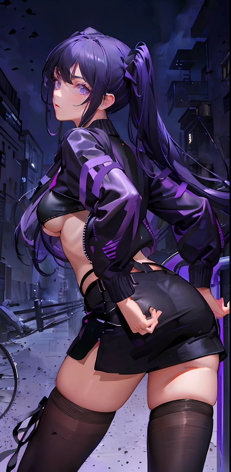Black hair, pigtails, purple eyes, dynamic pose, black leather jumper, micro bra, side tie panty (dark: 1.2) high definition, masterpiece, best work
