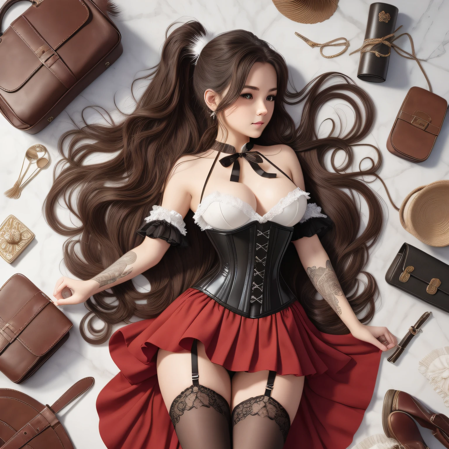 (masterpiece, best quality), intricate details, 1girl, (small breasts),shirt, corset, red skirt, cloak, ribbon, very long hair, hairclip, feathers, knife, belt, partially fingerless gloves,girlandsundries, on back,from above,full body, bag,shoes,toy, bags,shoes,(white bra), (briefs),Womb Tattoo,waves hair, long hair, side ponytail,