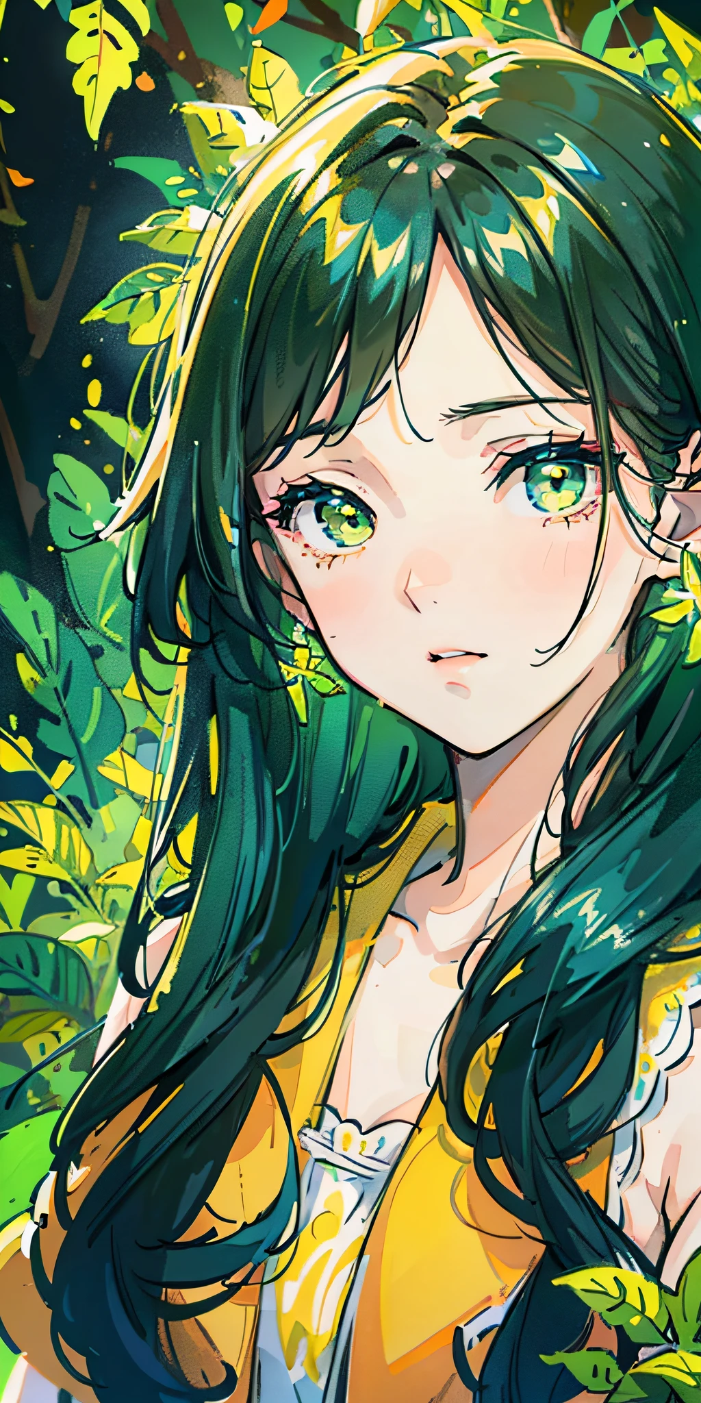 Autumn girl portrait. Beautiful young woman in yellow leaves I, fine details, high quality, high quality. Clear and true colors and nature background
(neon yellow, neon green, neon blue)