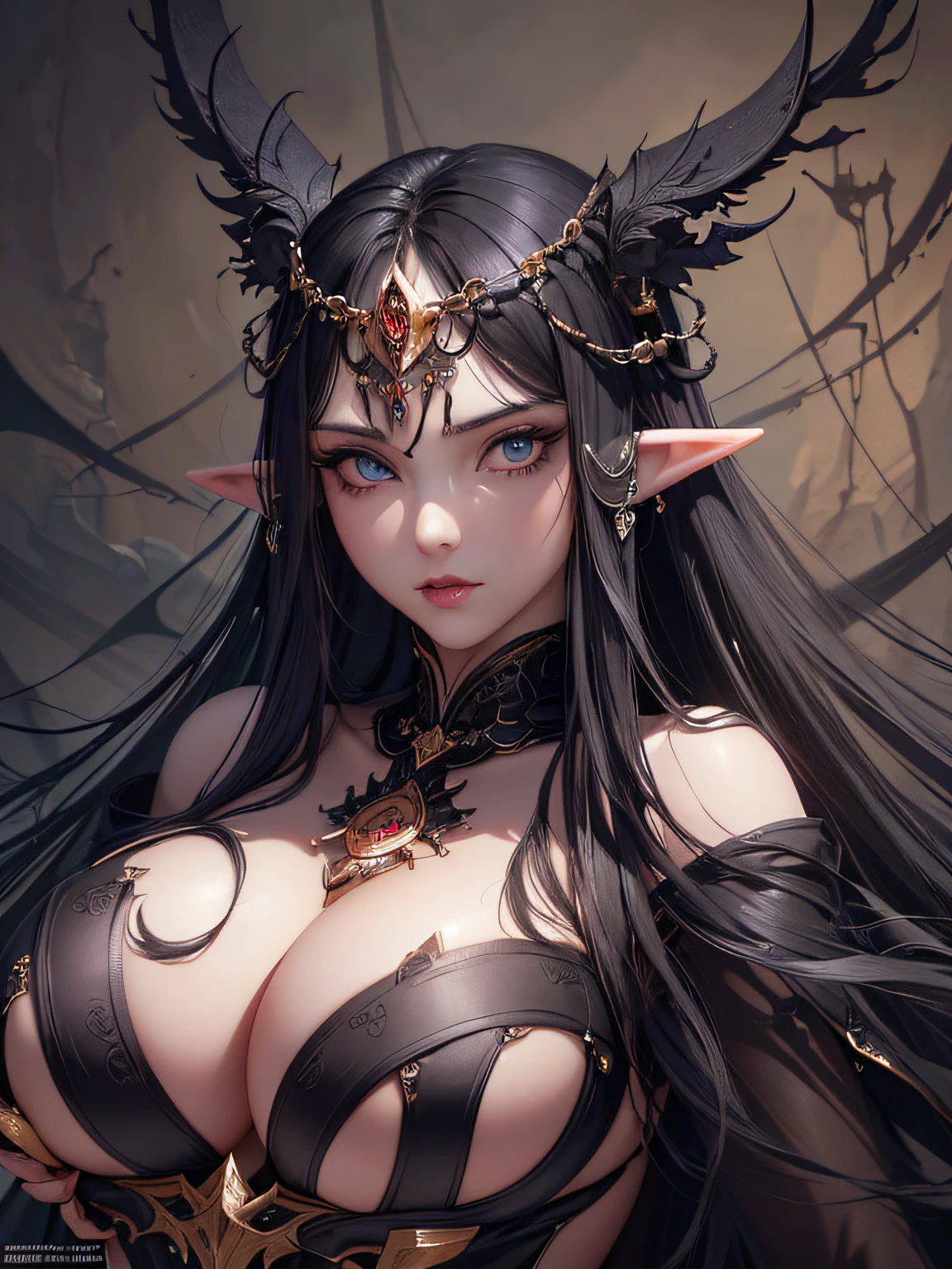 Morathi,, lying, spread legs,, (black_hair:1.2), (elf_ears:1.2), (straight_hair:1.4), (wavy_hair:0.8), detailed hair, detailed face, (realistic perfect eyes:1.1), perfect face, curvy, (Large Breasts:1.4), breasts_appart, (seductive, sexy:1.4), (thin_waist, small_hips, slim, skinny, thin_body: 1.4), shiny skin, perfect face, beautiful face, detailed eyes, perfect eyes, (saturated colors, masterpiece, top quality, best quality, official art, beautiful and aesthetic:1.2), absurdres, highres, ultra detailed, Ultra-precise depiction, (illustration, insanely detailed, hdr:1.3), (highest quality, concept art, 4k), ArtCalmV2,