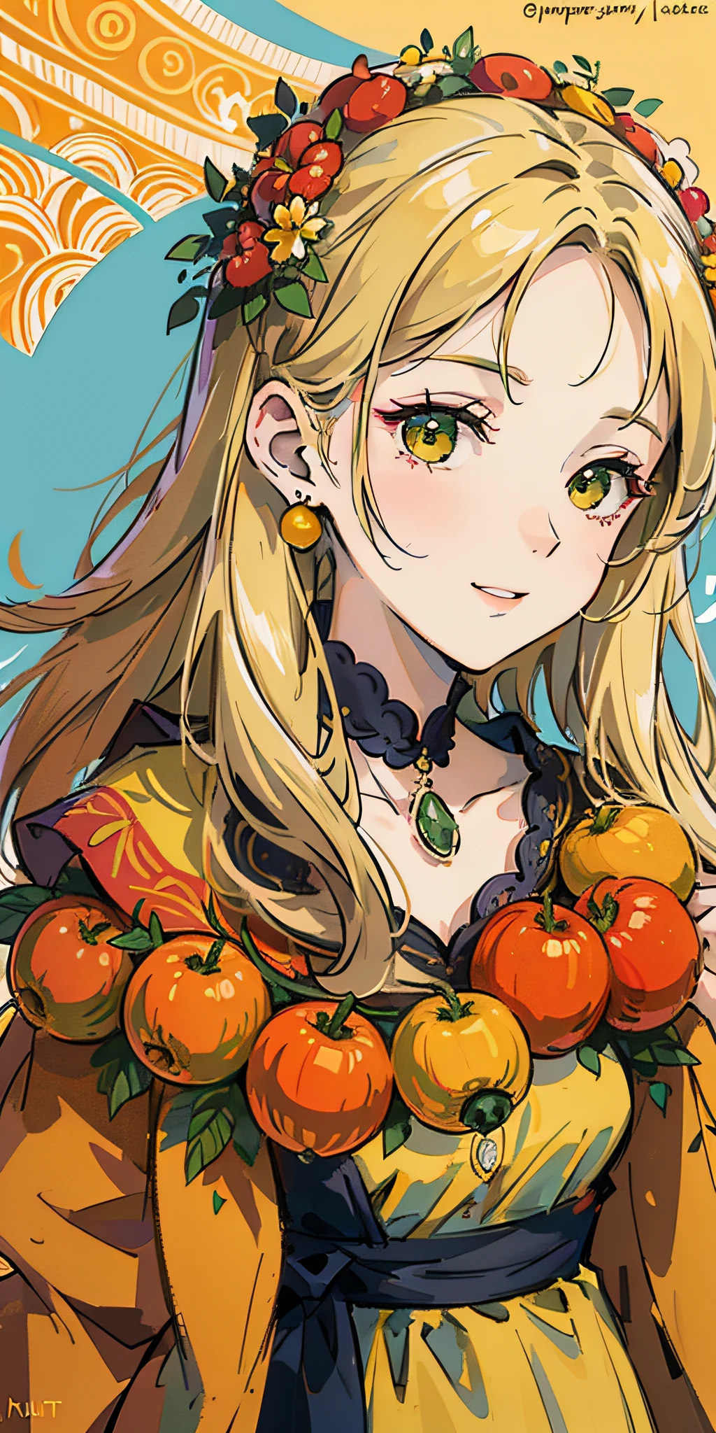 Portrait of a beautiful woman wreath of laughing fruits in fall colors, high quality, high quality. Clear and true colors and nature background