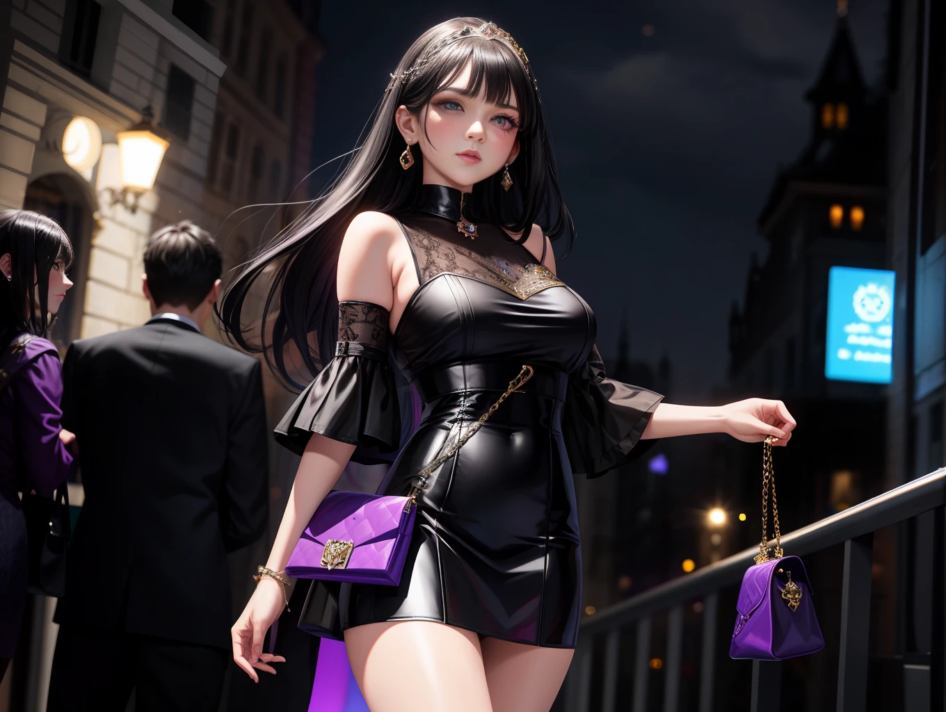 Royal sister, black hair, purple eyes, glowing eyes, short skirt, parted lips, earrings, blush, villa, handbag