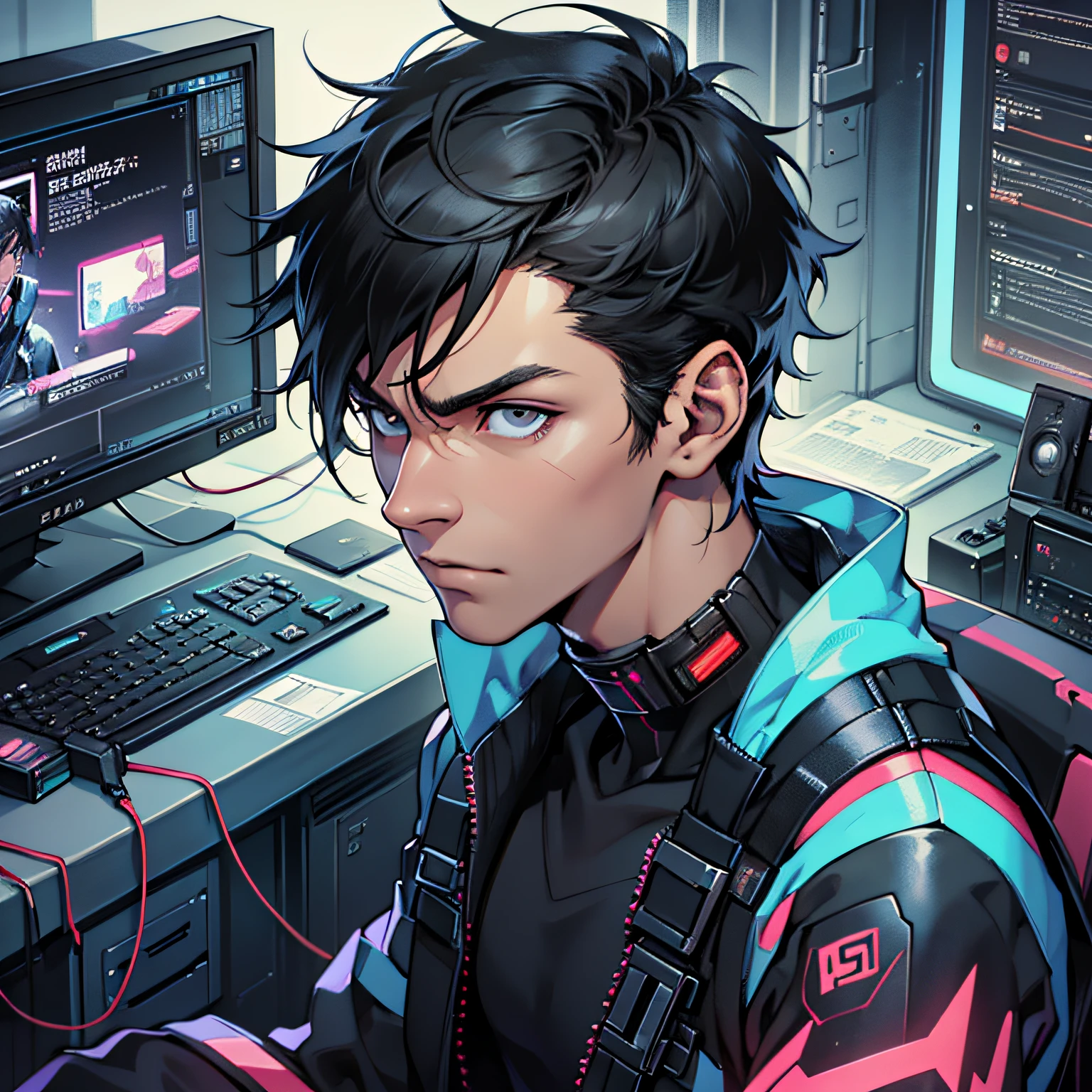 A cyberpunk young man with short black hair in a black coarse top sitting in front of a computer working: 1.5), (information at hand: 1.8), (men, single: 1.7), (face close-up: 1.9), (skeptical face: 1.8), (masterpiece, masterpiece: 1.5) --auto --s2