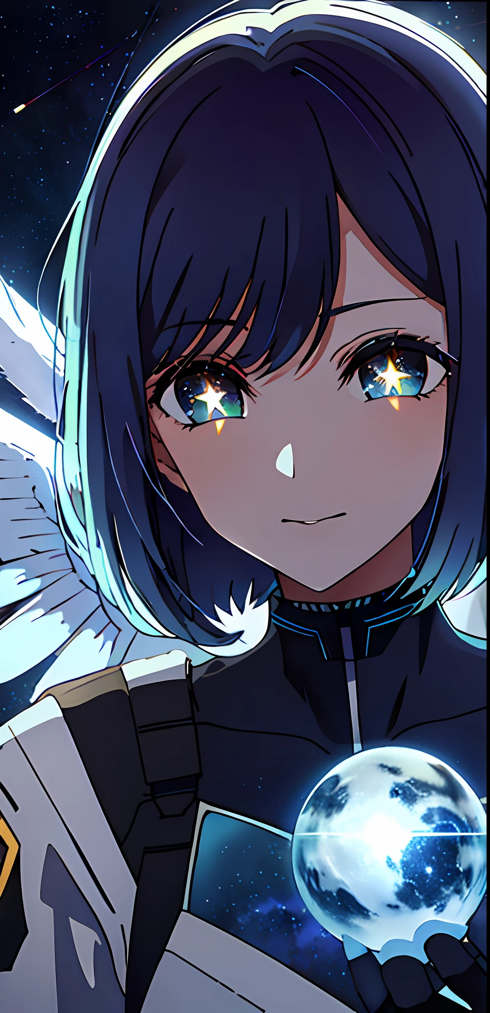 kurokawaakane, 1girl, 8k, beautiful lighting,symbol-shaped_pupils, sparkling_eyes, star-shaped_pupils, star_(symbol), wearing spacesuits, galaxies background, stars, planets, blue gloves, halo on head, angel wings, neon, 8k background, star pattern dress
