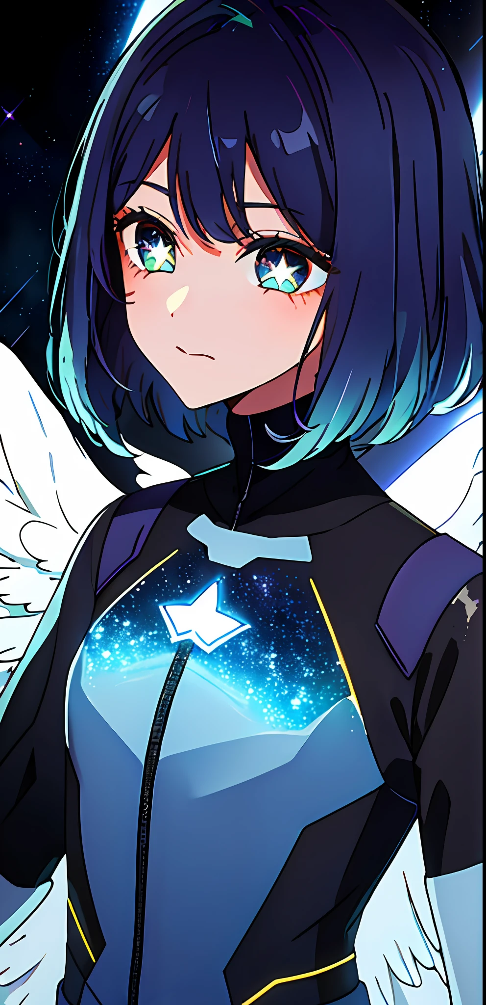 kurokawaakane, 1girl, 8k, beautiful lighting,symbol-shaped_pupils, sparkling_eyes, star-shaped_pupils, star_(symbol), wearing spacesuits, galaxies background, stars, planets, blue gloves, halo on head, angel wings, neon, 8k background, star pattern dress