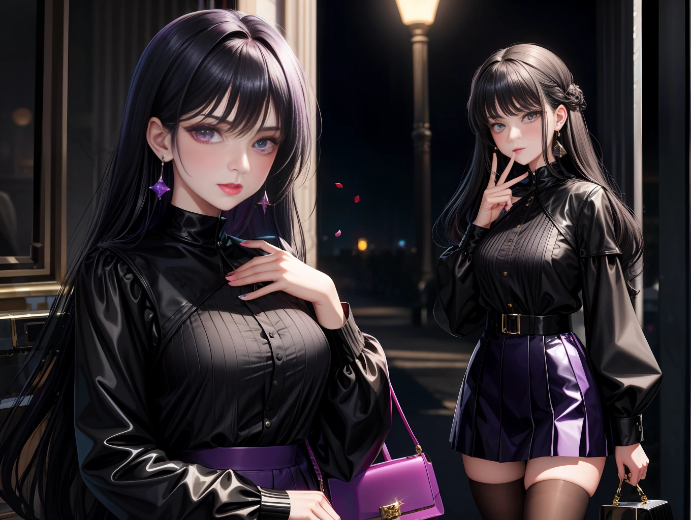 Royal sister, black hair, purple eyes, glowing eyes, short skirt, parted lips, earrings, blush, villa, handbag