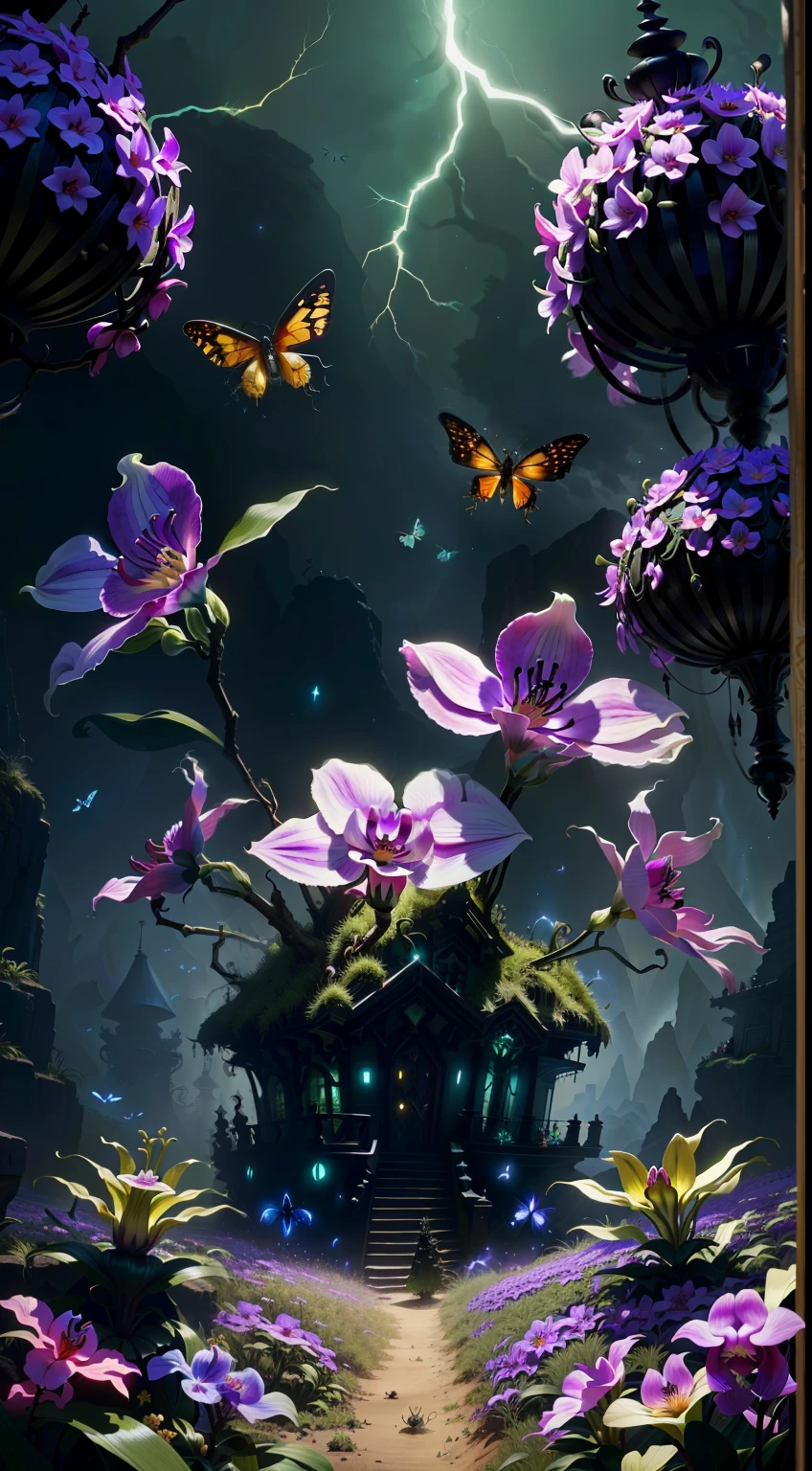 Ant Mountain in exorcism style, surrounded by beautiful orchids and fireflies, it is surrounded by strange powers, there are also some treasures around, there are some magical visuals, fantasy, atmosphere HD, HDR, 4K HD