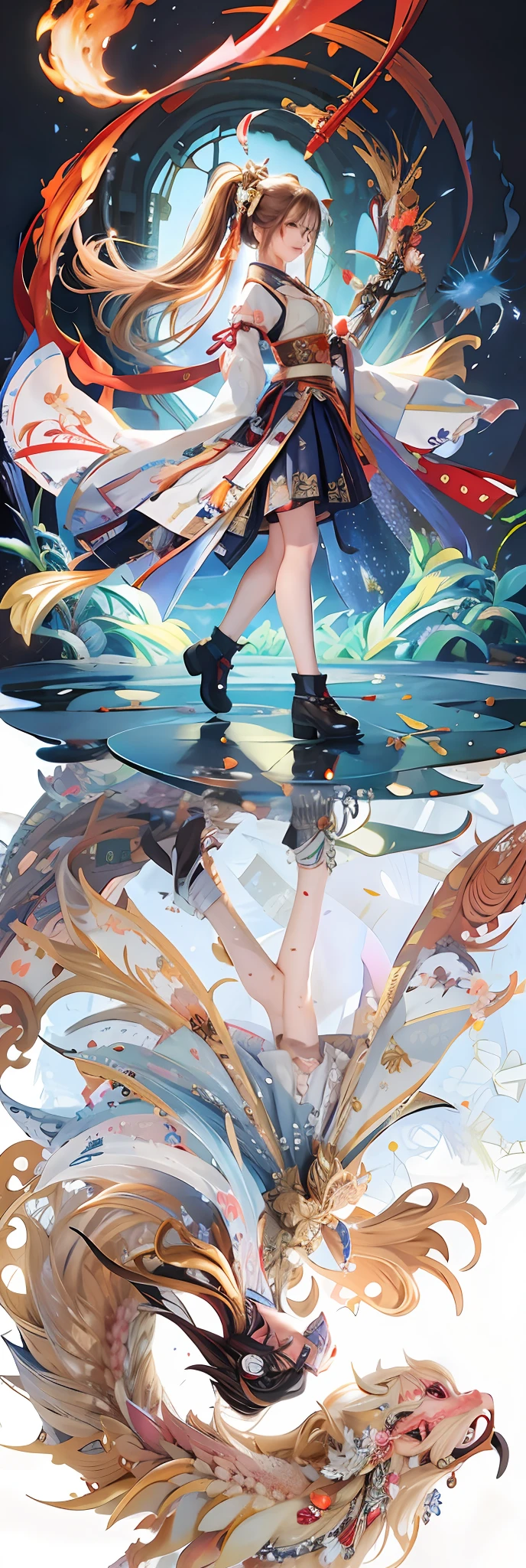 (Masterpiece, best quality, very detailed CG, complex details: 1.2),simple_background,fire,1girl,solo,looking at viewer, chinese clothes,hanfu,long hair,detached_sleeves,wide_sleeves,ponytail,hair ornament, skirt,sword,standing,(from side:1.4), hanfu tang,loong,.