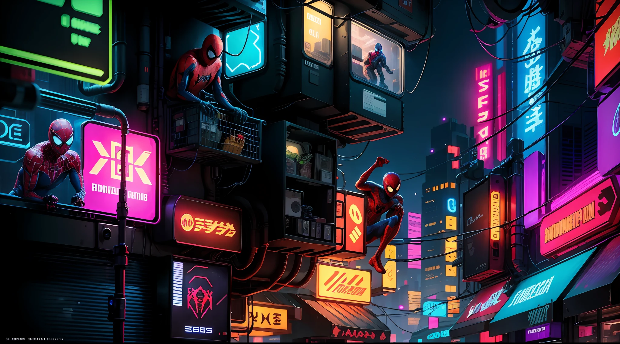 Spiderman, full face covered, spider man red and blue golden suit, scared, cyberpunk city background, octane render, bioluminescent,8K resolution concept art, realism,by Mappa studios,masterpiece,best quality,official art,illustration,ligne claire,(cool_color),perfect composition,absurdres, tall body, super hero landing pose, (cyberpunk city background), close shot, spider man focus, full body,neon light, detailed background, colorful neon light