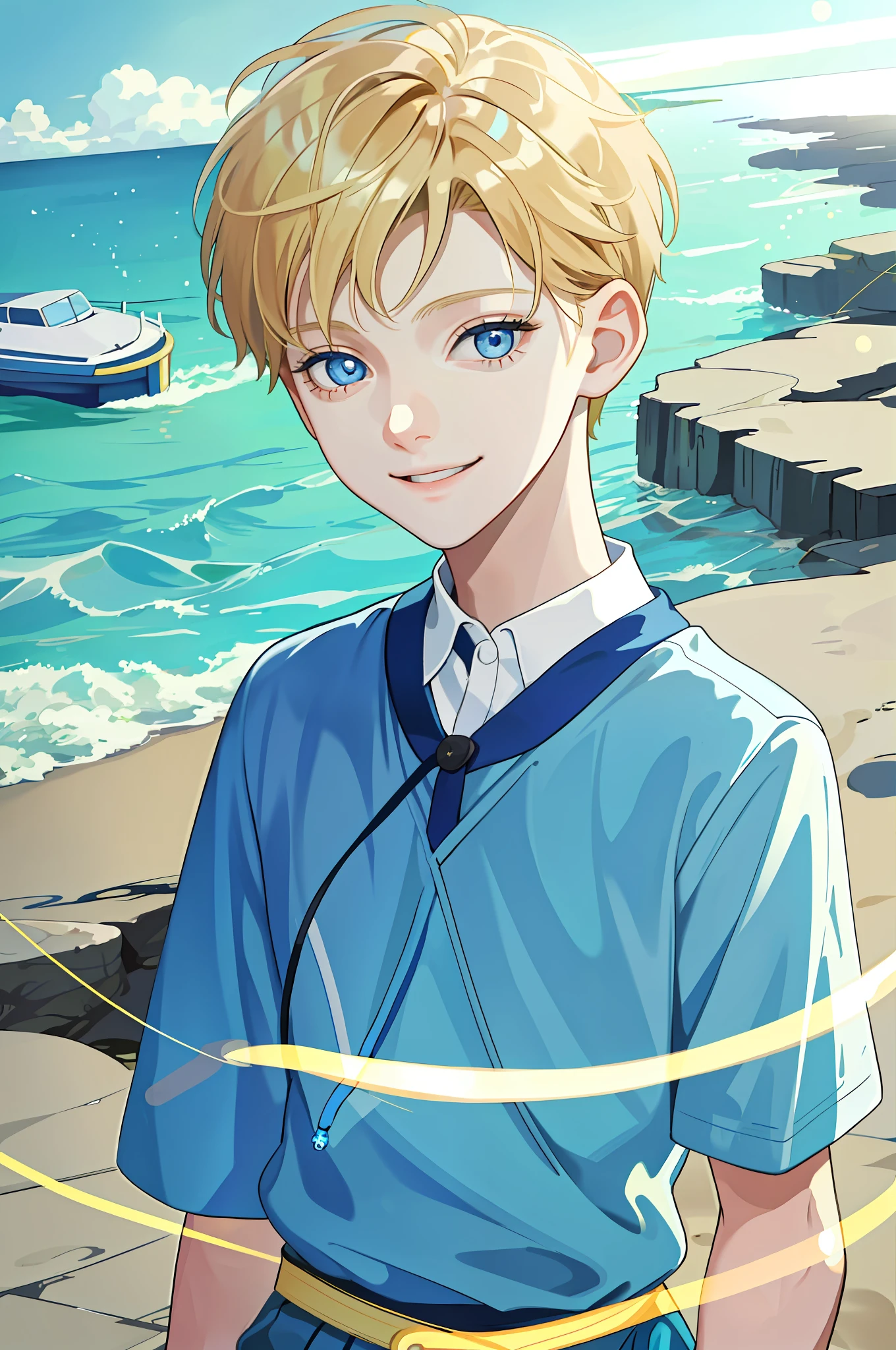 Masterpiece, Excellent, ung Boy, 10 yenager, Young,e, Short Blonde Hair, Immature, Underage, Blue Eyes, At the Seaside, Delicate Eyes and Face Portrait, Long Eyelashes, Portrait, Upper Body, Cute Smile, 8K, Front Light, Face Glow, Face Without Shadows, Greeting Light
